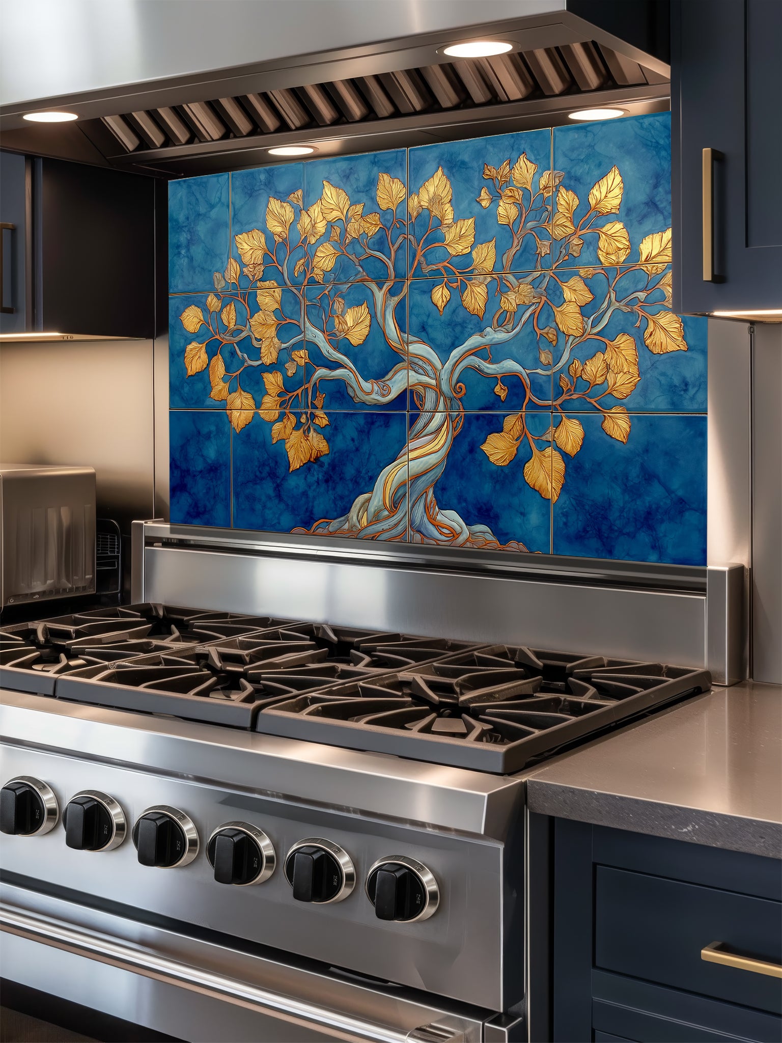 Faux blue tile background featuring an elegant golden Tree of Life with intricate leaves, UV printed on a smooth tempered glass kitchen backsplash, installed behind a modern stove.