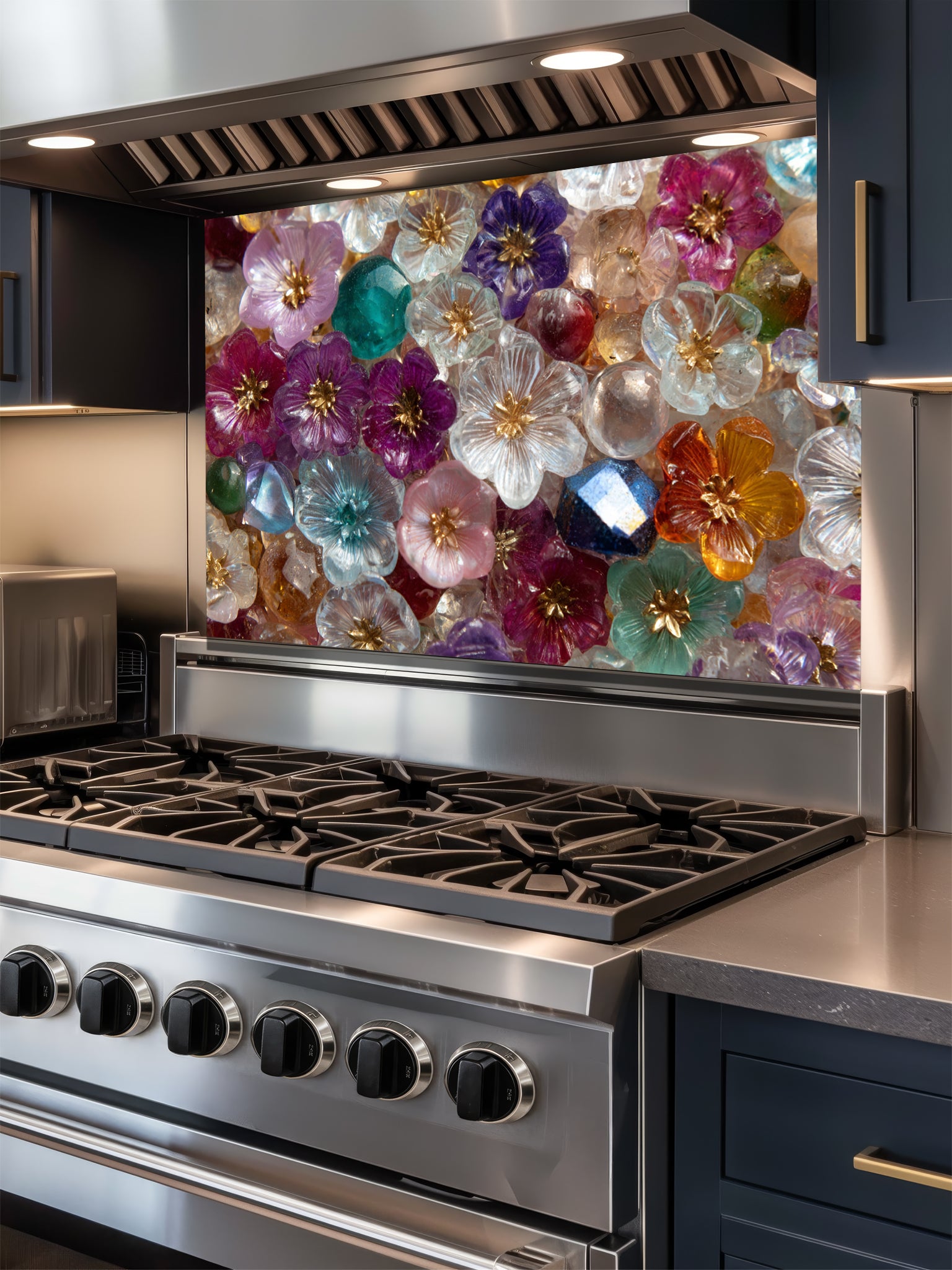 Tempered glass kitchen backsplash featuring a highly realistic 3D illusion of a dense, sparkling mosaic made of translucent glass flowers and crystal gems in vibrant jewel tones of purple, ruby, sapphire, emerald, and gold, installed behind a modern black stove.