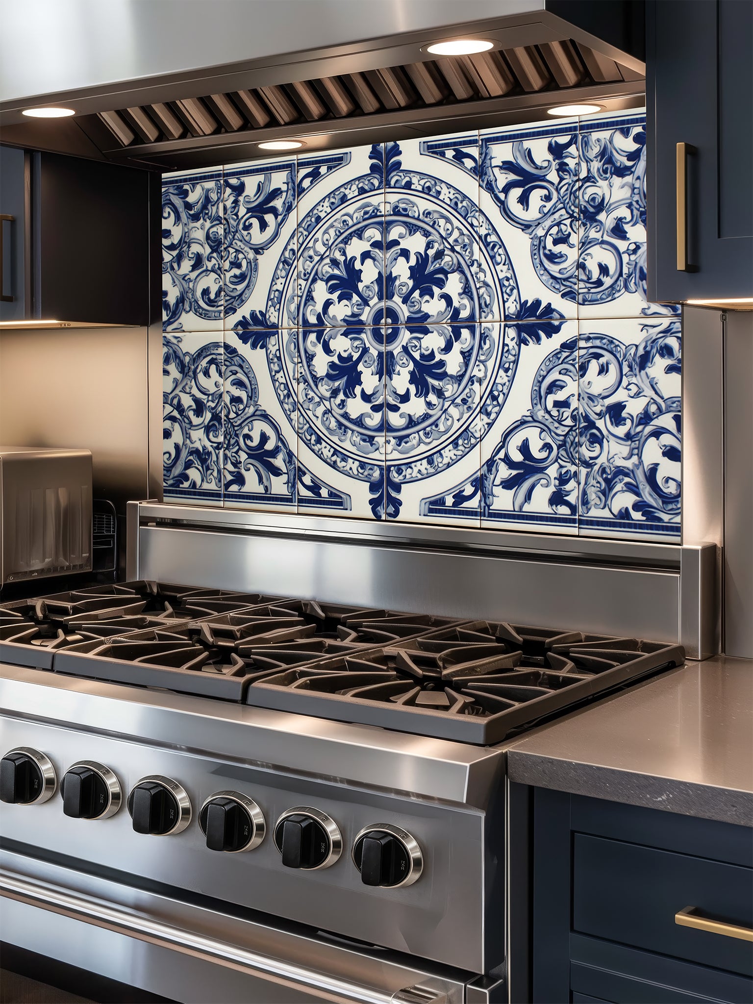 Tempered glass kitchen backsplash featuring a traditional Mediterranean blue and white Azulejo faux tile design with an ornate central floral mandala pattern, installed behind a modern stainless steel stove.