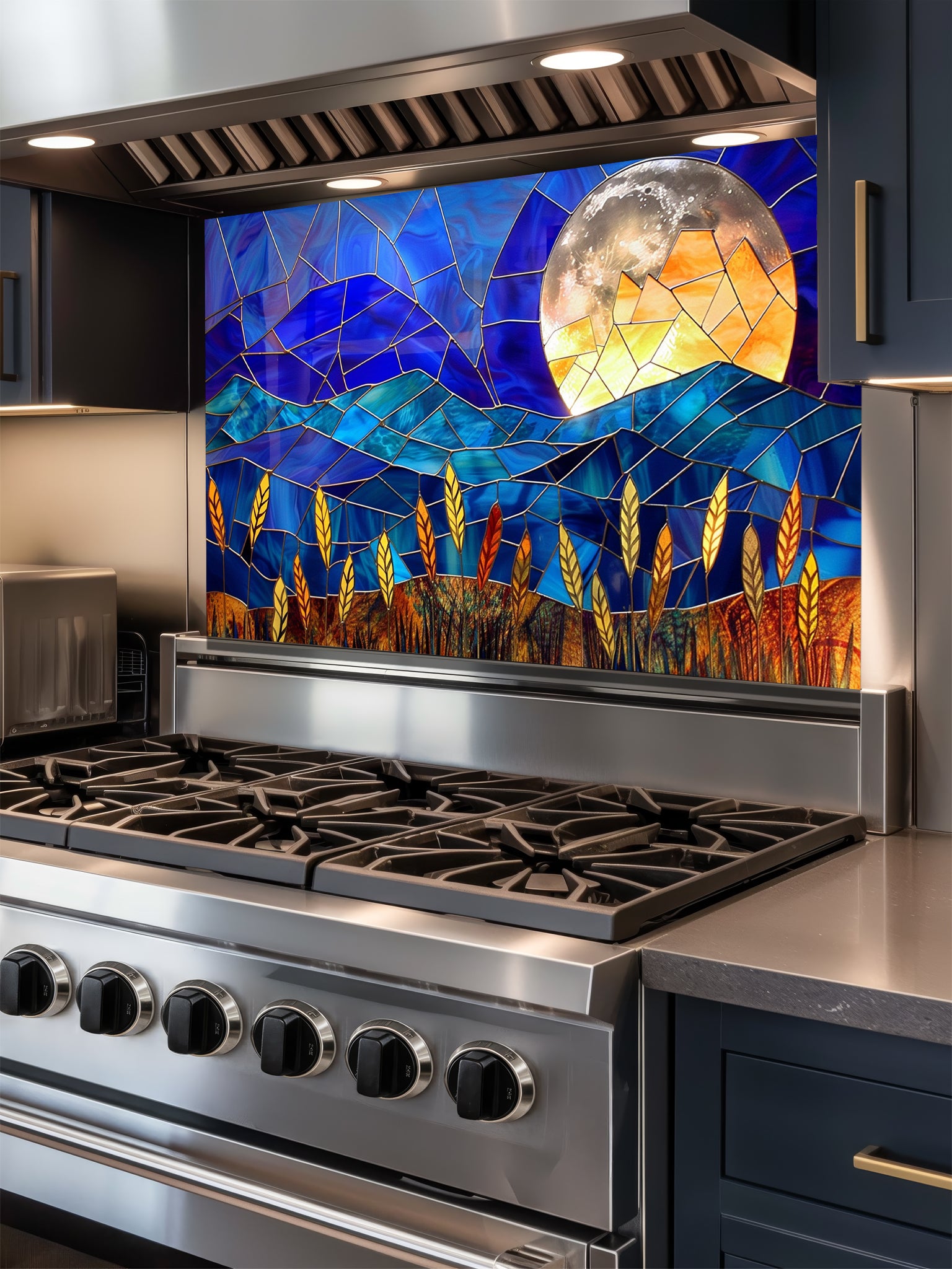 Stained glass style landscape featuring deep blue mountains, a glowing full moon, and golden wheat, UV printed on a smooth tempered glass kitchen backsplash.