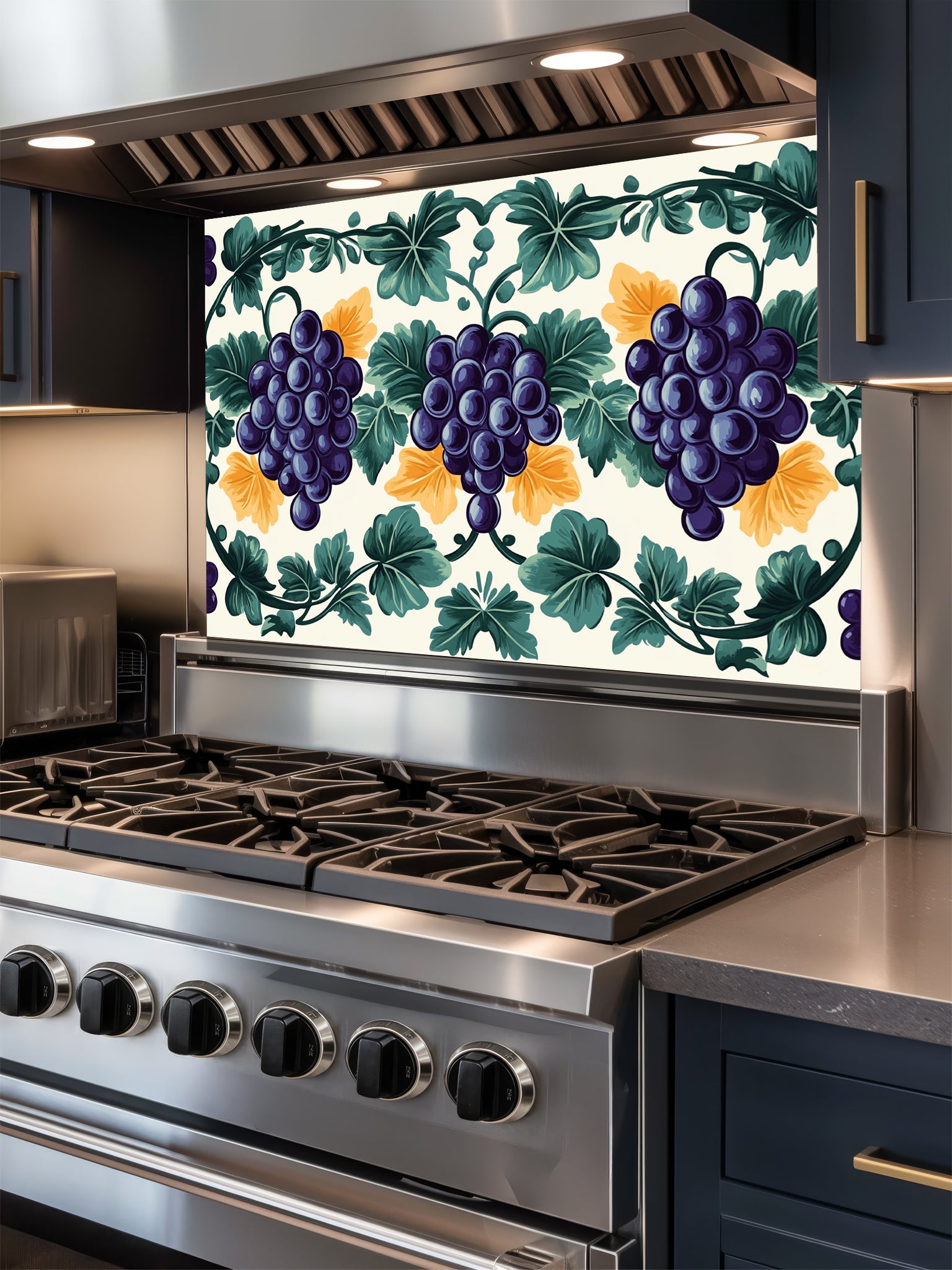 Traditional Mediterranean style faux tile pattern featuring purple grapes, green vine leaves, and yellow accents on a cream background, UV printed on a smooth tempered glass kitchen backsplash.