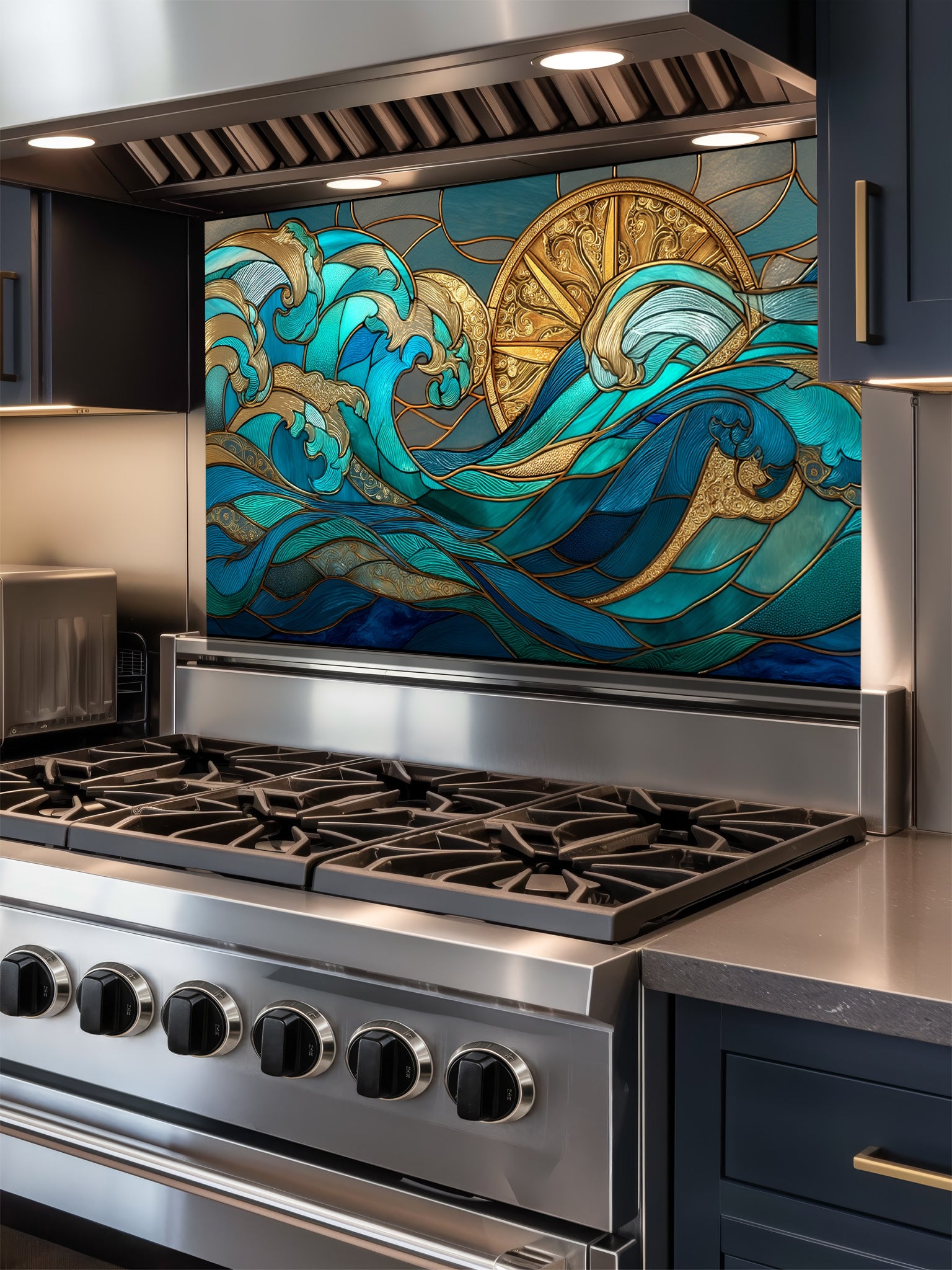 Art Deco stained glass style teal ocean waves and a golden sun UV printed on tempered glass kitchen backsplash, installed behind a modern stove.