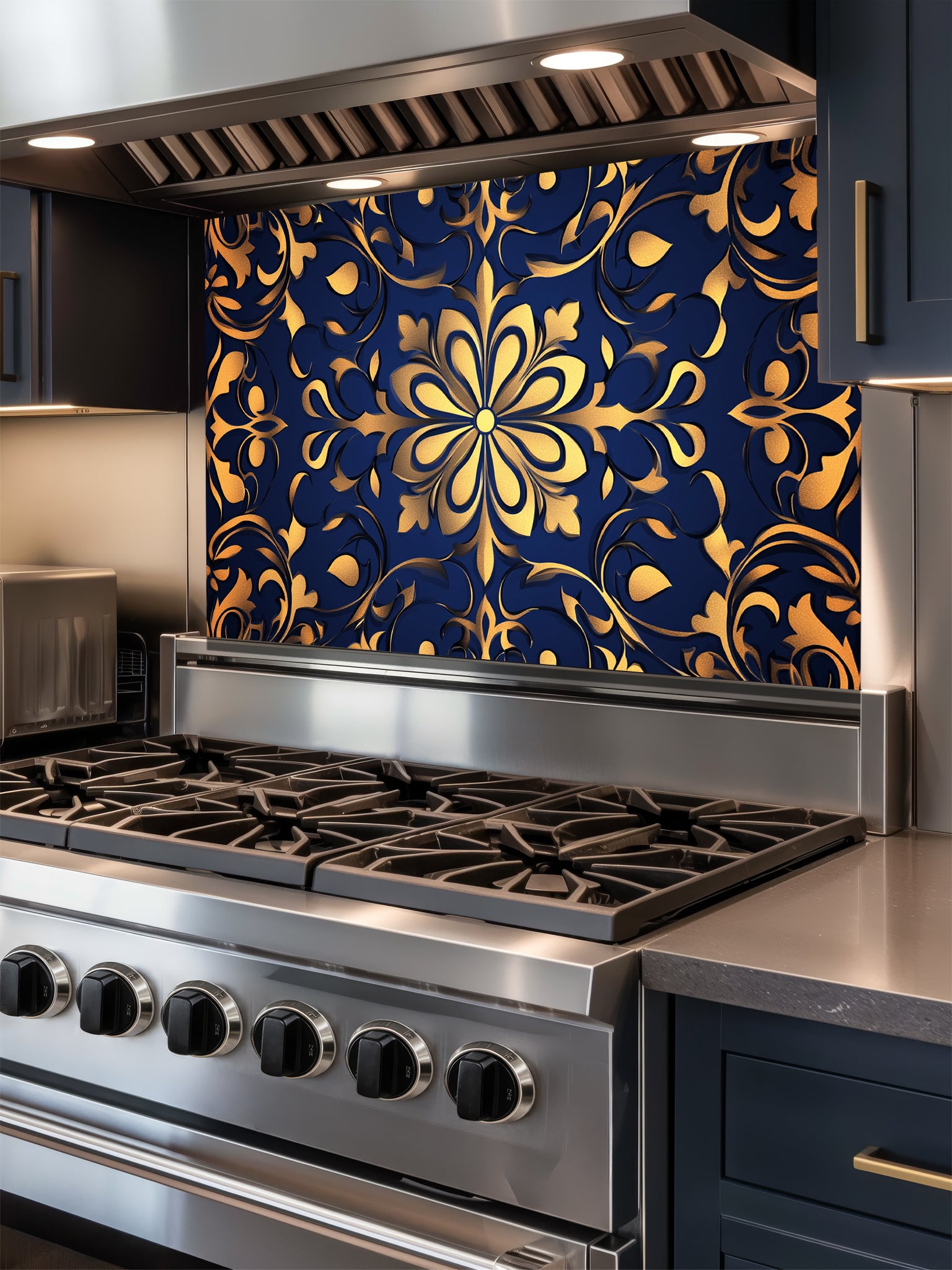 Elegant faux embossed gold damask floral mandala pattern on a deep midnight navy blue background, UV printed on a smooth tempered glass kitchen backsplash.