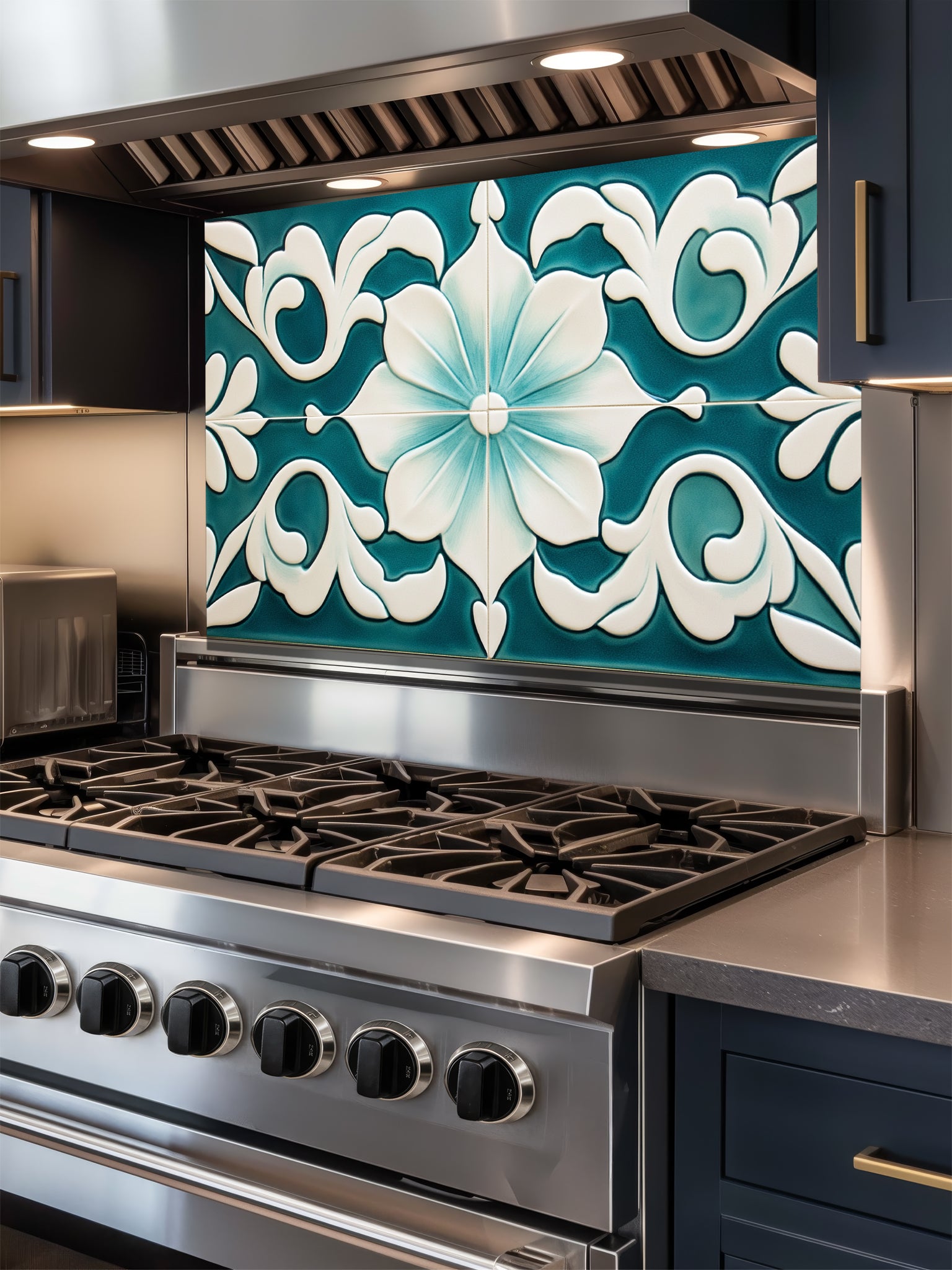 Tempered glass kitchen backsplash featuring a highly realistic illusion of traditional Mediterranean or Talavera tiles, showcasing a large, elegant floral or lotus pattern in deep teal and creamy ivory, installed behind a modern black stove.