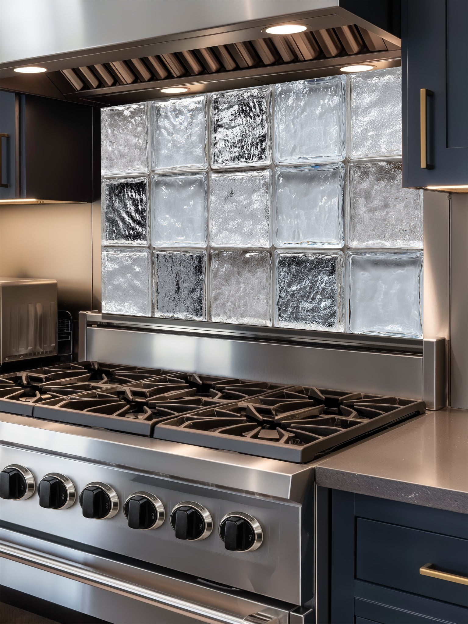 Faux clear glass block and ice texture 3D effect UV printed on a smooth tempered glass kitchen backsplash, installed behind a modern stove.