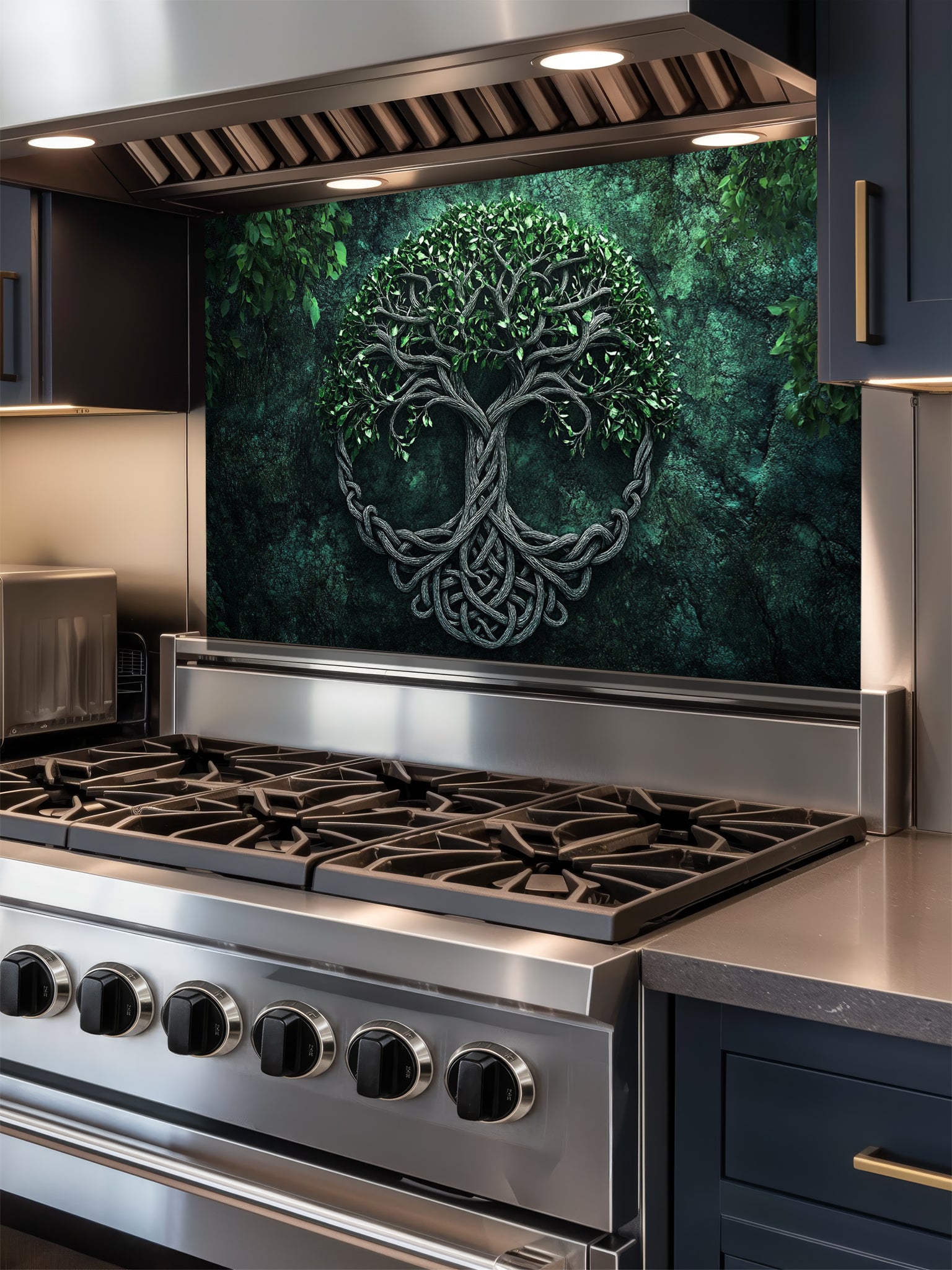 Tempered glass kitchen backsplash featuring a highly realistic 3D illusion of an ancient carved Celtic Tree of Life (Yggdrasil) with intricate knotwork roots and lush green leaves against a dark, moody forest green background, installed behind a modern black stove.