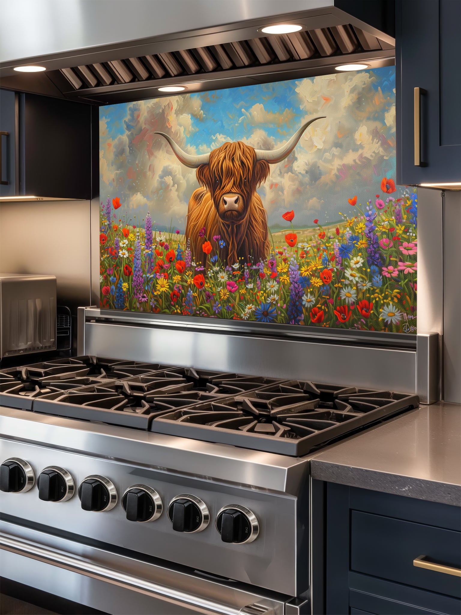Tempered glass kitchen backsplash featuring a highly realistic 3D illusion of an oil painting showing a majestic brown Highland cow standing in a vibrant meadow of red, purple, and yellow wildflowers under a cloudy sky, installed behind a modern black stove.