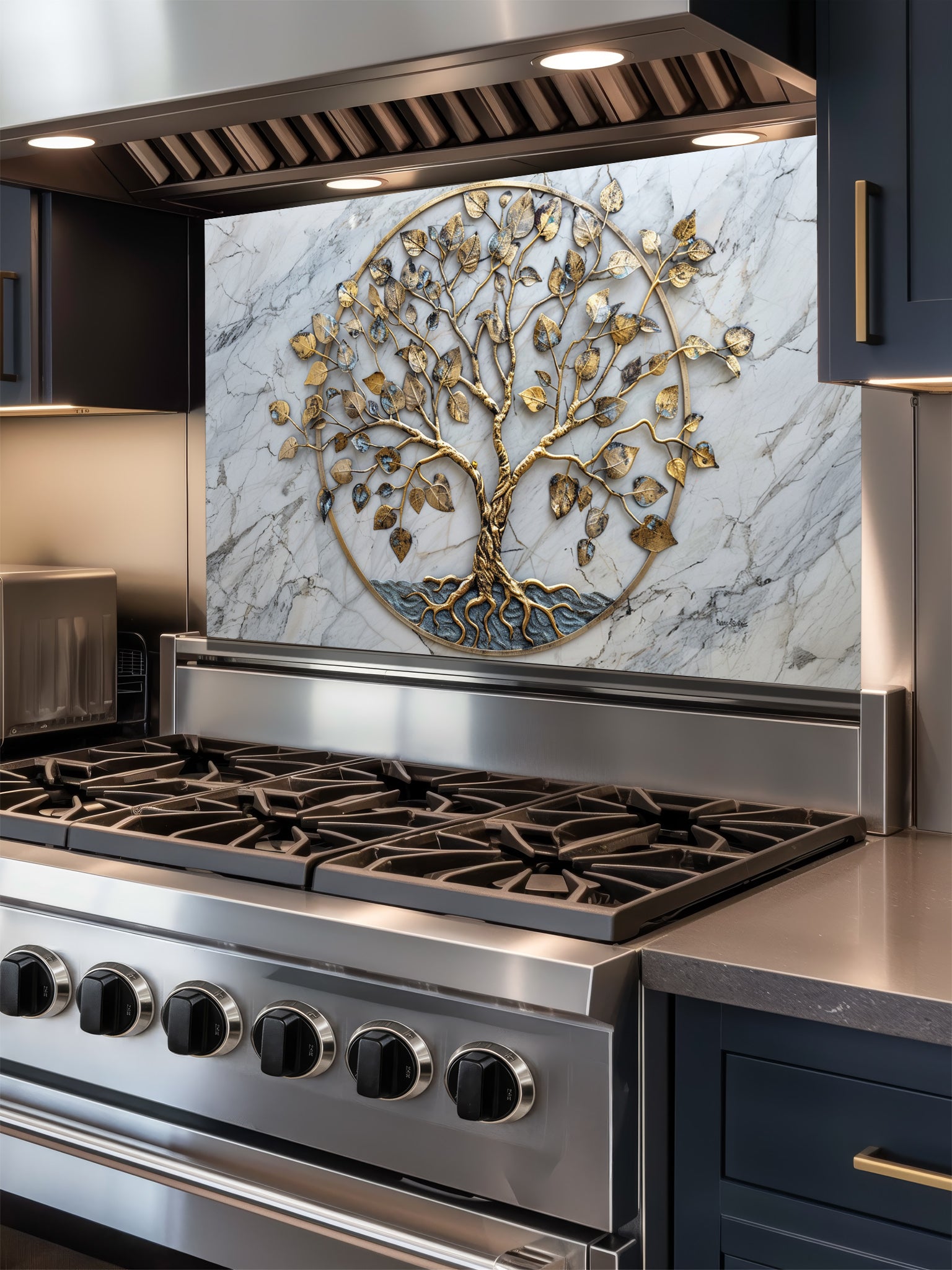 Faux 3D effect gold metal Tree of Life sculpture on an elegant white marble background, UV printed on a smooth tempered glass kitchen backsplash, installed behind a modern stove.