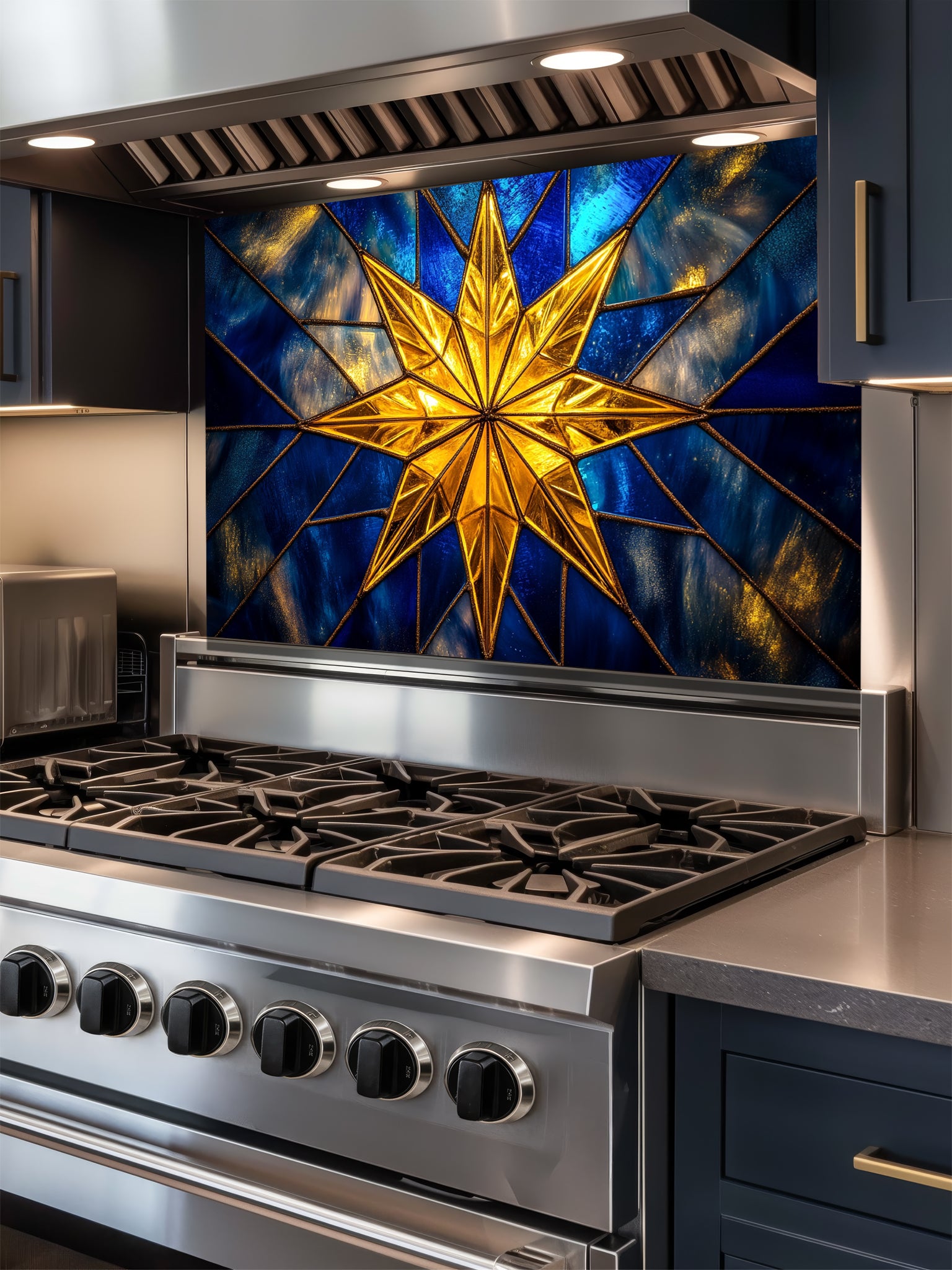 Tempered glass kitchen backsplash featuring a highly realistic 3D illusion of stained glass art showing a brilliant, glowing golden starburst or compass rose radiating against a deep sapphire blue background with faux gold lead lines, installed behind a modern stainless steel stove.