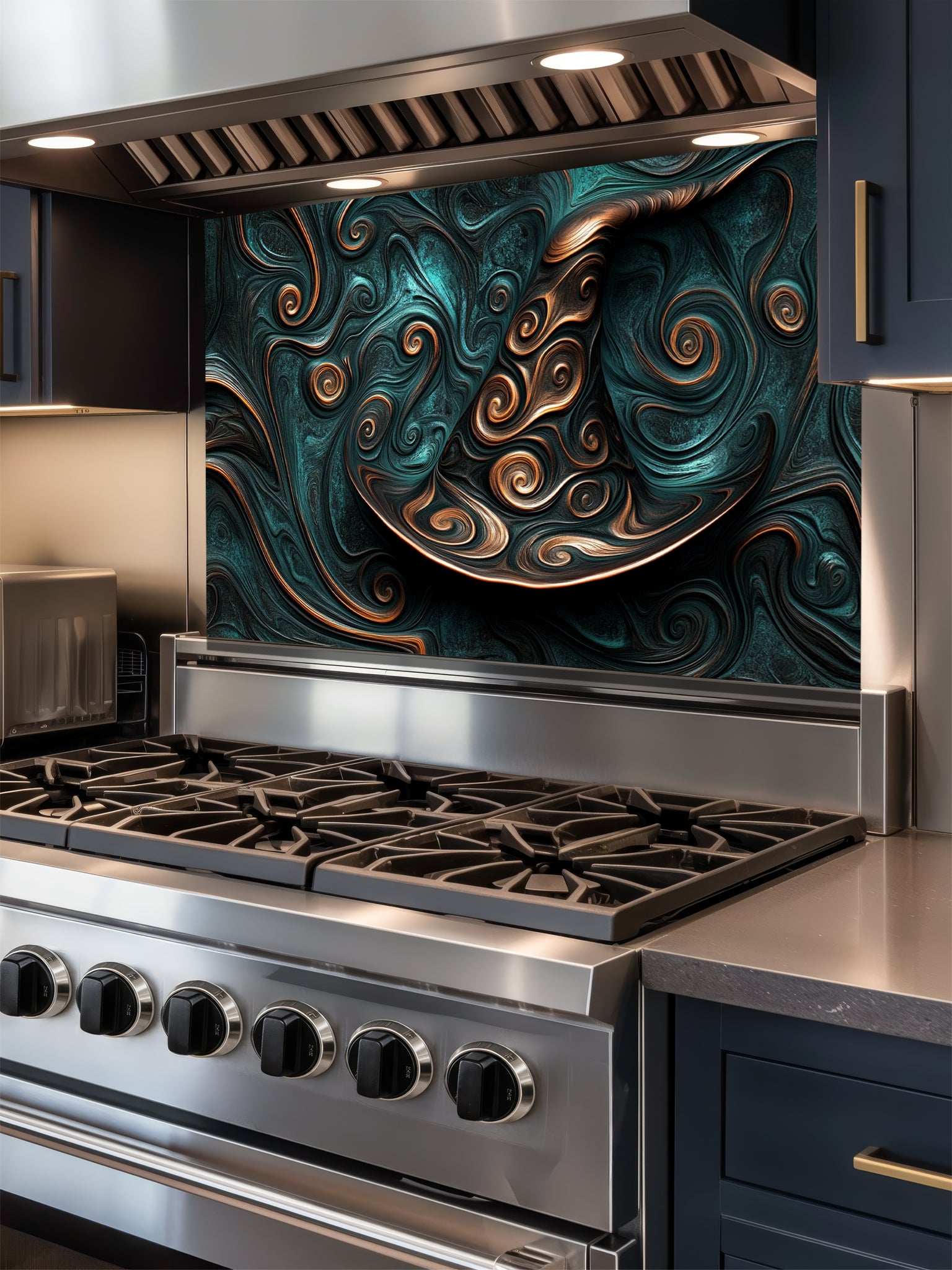 Tempered glass kitchen backsplash featuring a highly realistic 3D illusion of an abstract witch hat formed by smooth, mesmerizing fluid art and fractal swirls in deep teal and metallic copper, installed behind a modern black stove.