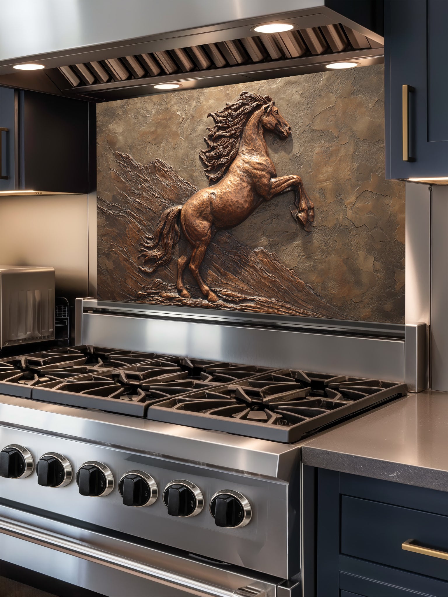 Faux 3D effect bronze carving of a majestic rearing horse, UV printed on a smooth tempered glass kitchen backsplash, installed behind a modern stove.