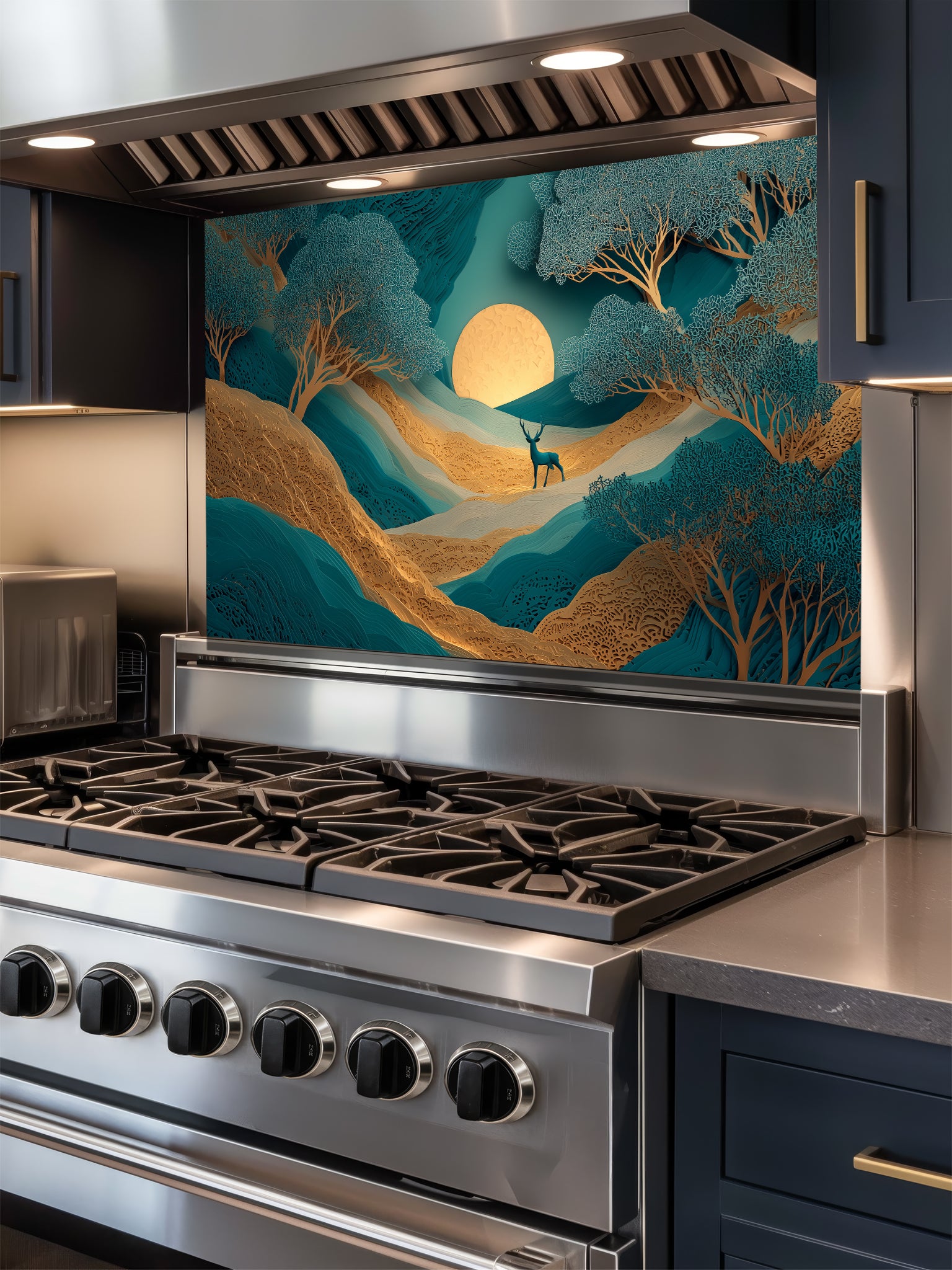 Faux 3D layered paper art of a mystical teal and gold forest with a deer and glowing moon, UV printed on a smooth tempered glass kitchen backsplash, installed behind a modern stove.