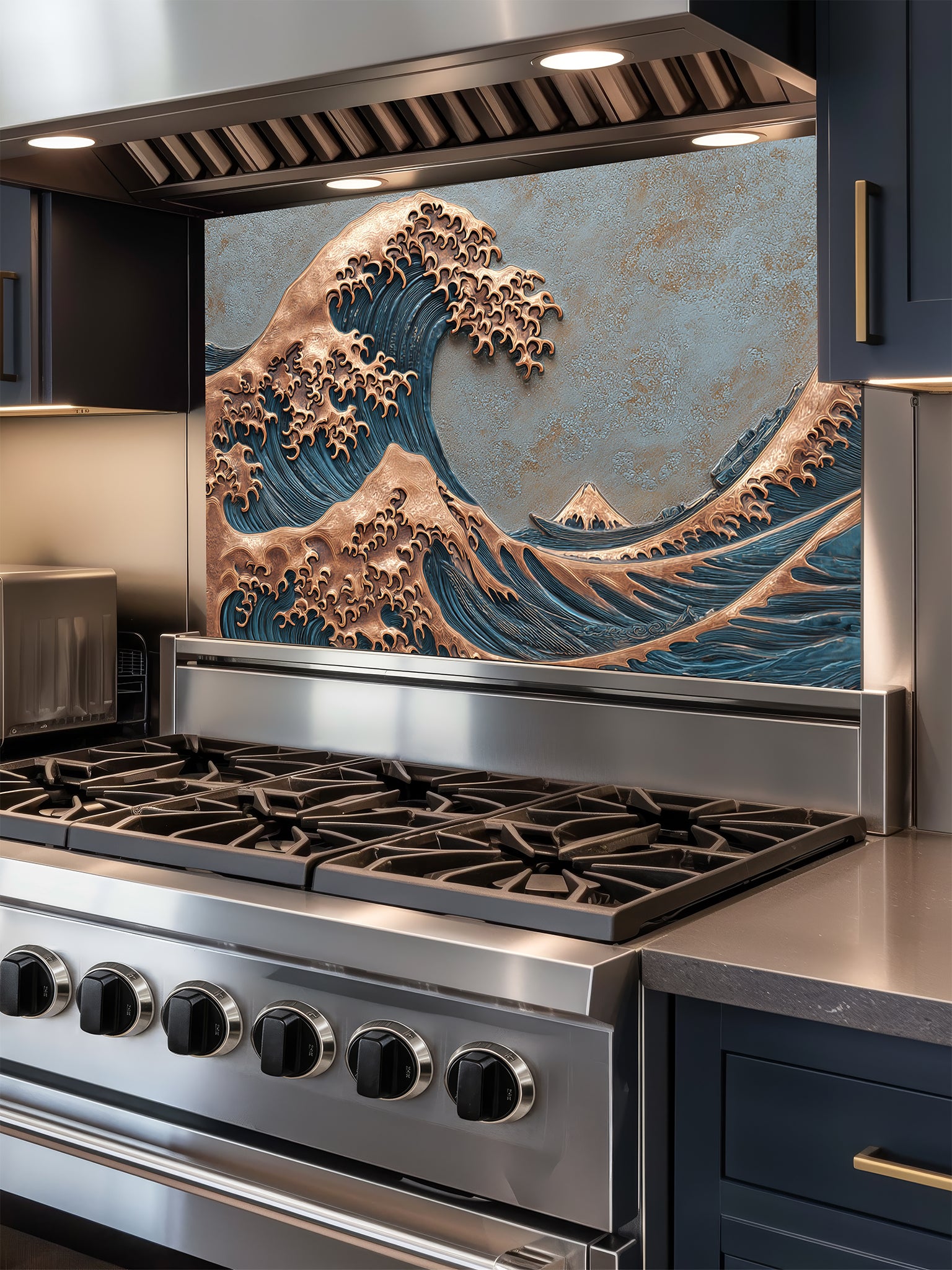 Tempered glass kitchen backsplash featuring a highly realistic 3D faux metal relief design of the Great Wave off Kanagawa, showcasing a striking contrast between deep blue water textures and embossed copper wave crests, installed behind a modern stainless steel stove.
