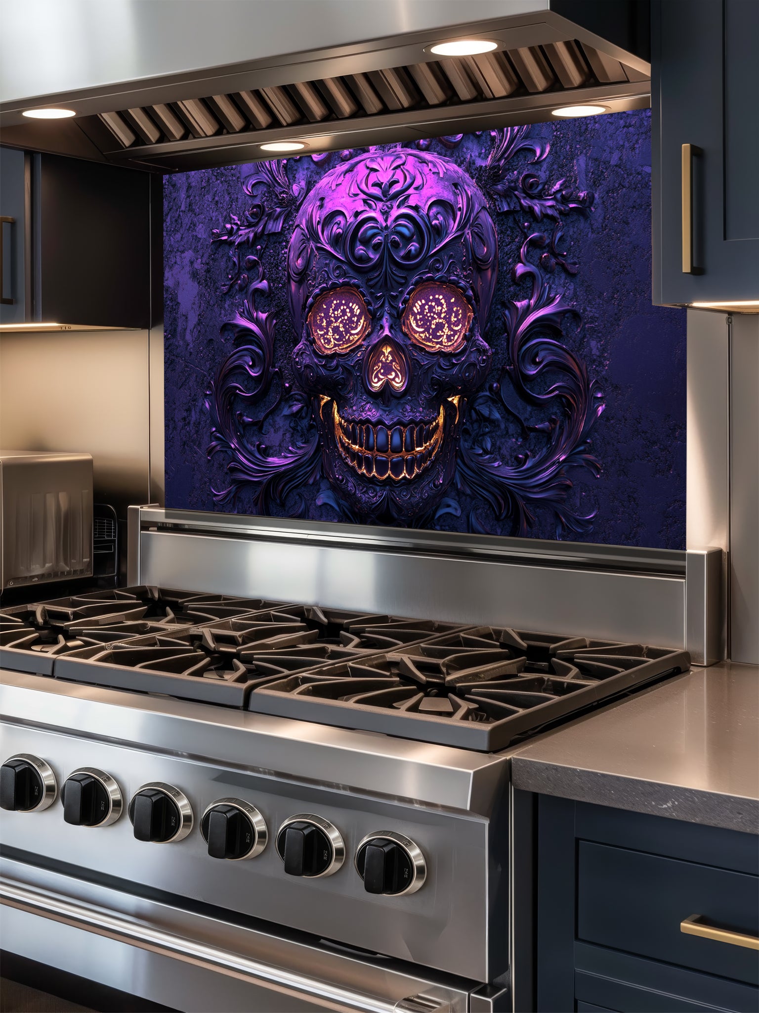 Tempered glass kitchen backsplash featuring a highly realistic 3D illusion of an embossed, intricately carved gothic skull with glowing gold eyes and teeth, surrounded by dark purple baroque filigree swirls, installed behind a modern black stove.