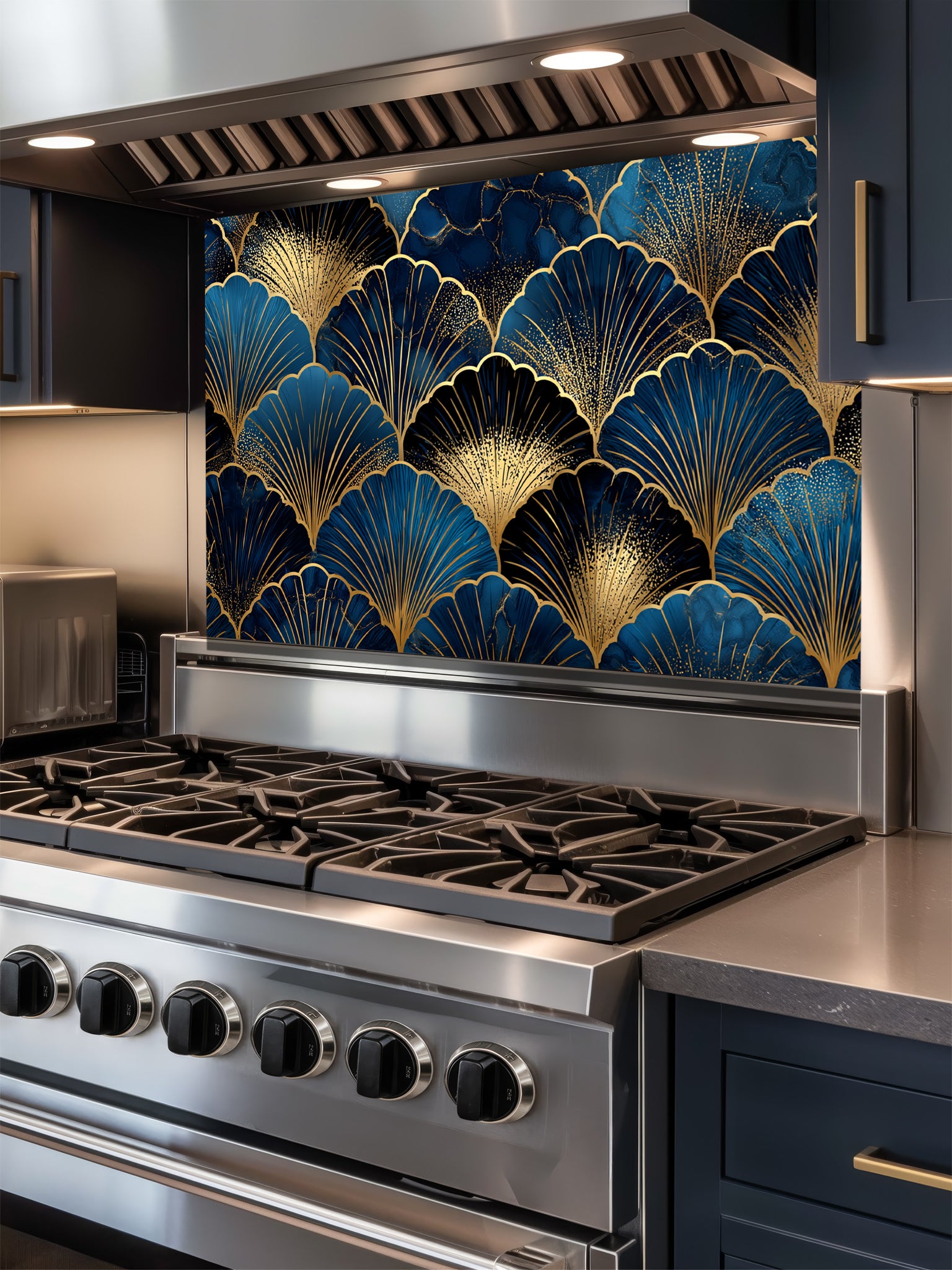 Elegant Art Deco geometric scalloped fan pattern in deep navy blue and gold, UV printed on a smooth tempered glass kitchen backsplash, installed behind a modern stove.