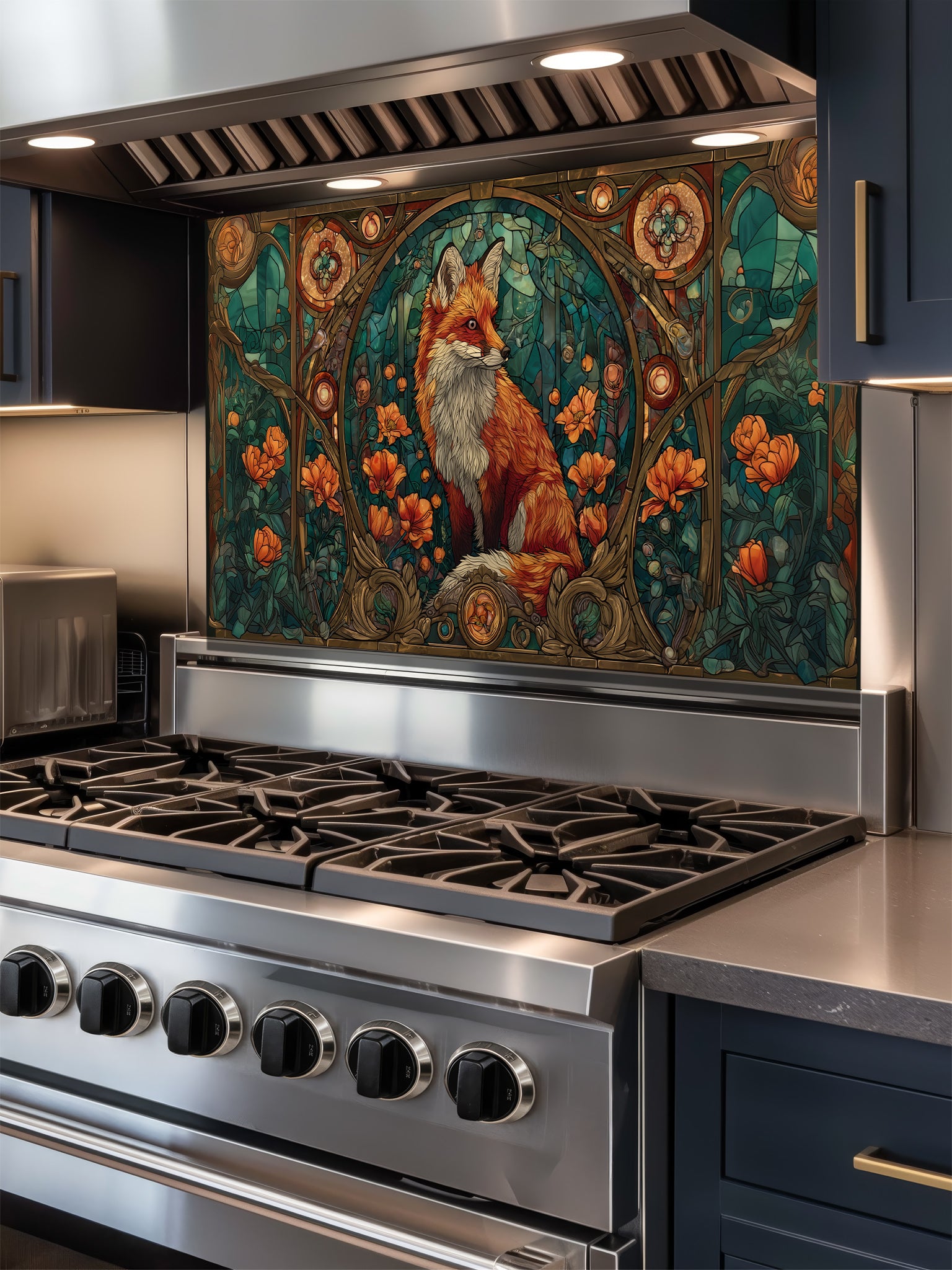 Tempered glass kitchen backsplash featuring a highly realistic 3D illusion of Art Nouveau stained glass showing a red fox surrounded by orange flowers and ornate borders against a teal background, installed behind a modern stainless steel stove.