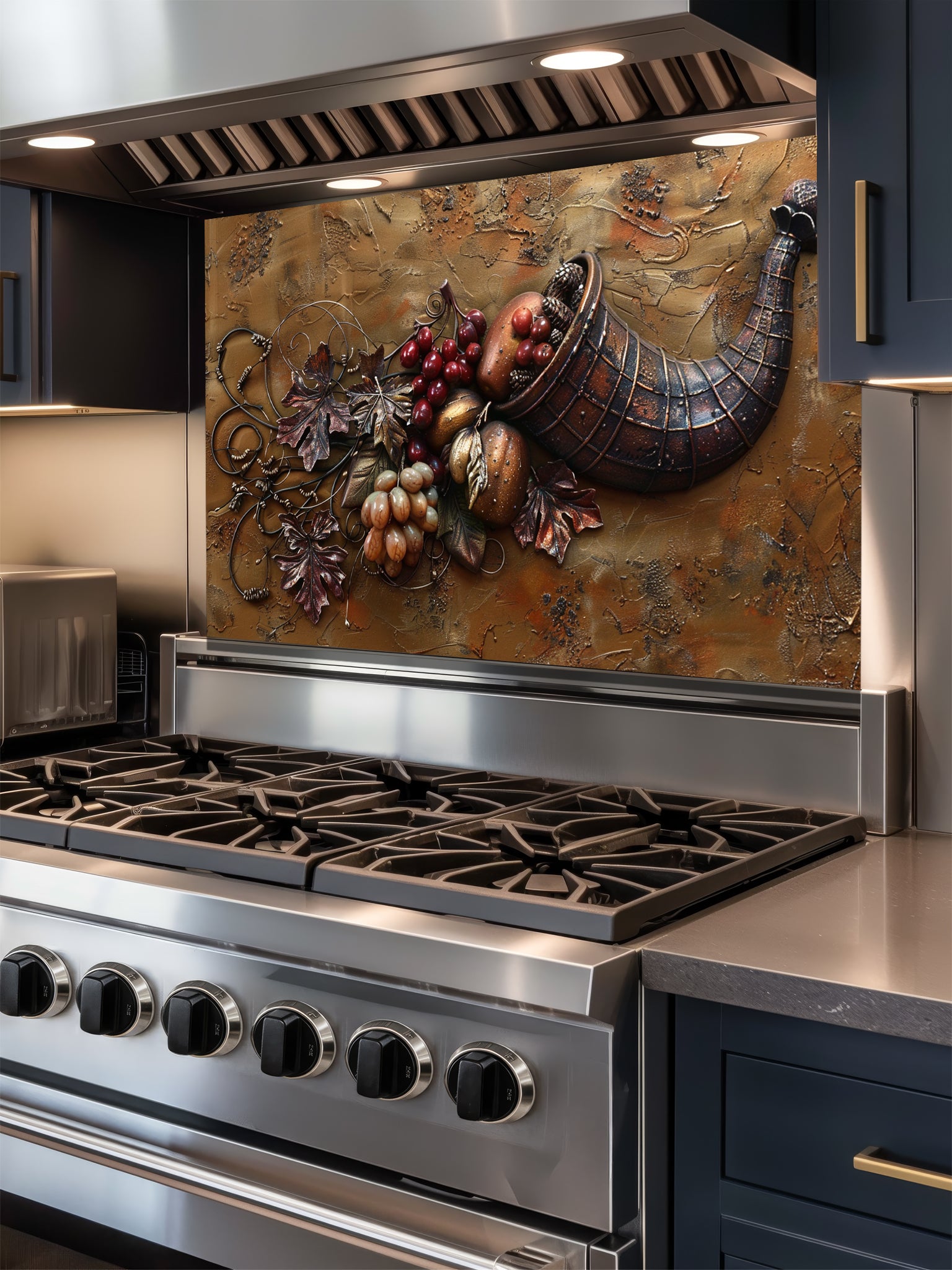 Faux 3D effect carved bronze cornucopia overflowing with grapes and autumn leaves on a textured metal background, UV printed on a smooth tempered glass kitchen backsplash.