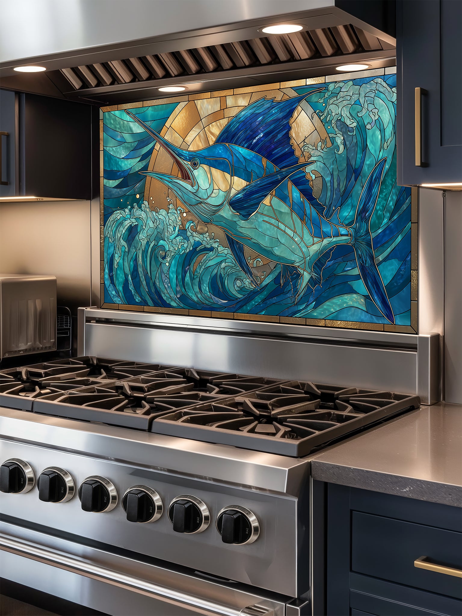 Tempered glass kitchen backsplash featuring a vibrant faux stained glass design of a majestic blue marlin leaping out of teal ocean waves against a glowing golden sunburst background, installed behind a modern stainless steel stove.