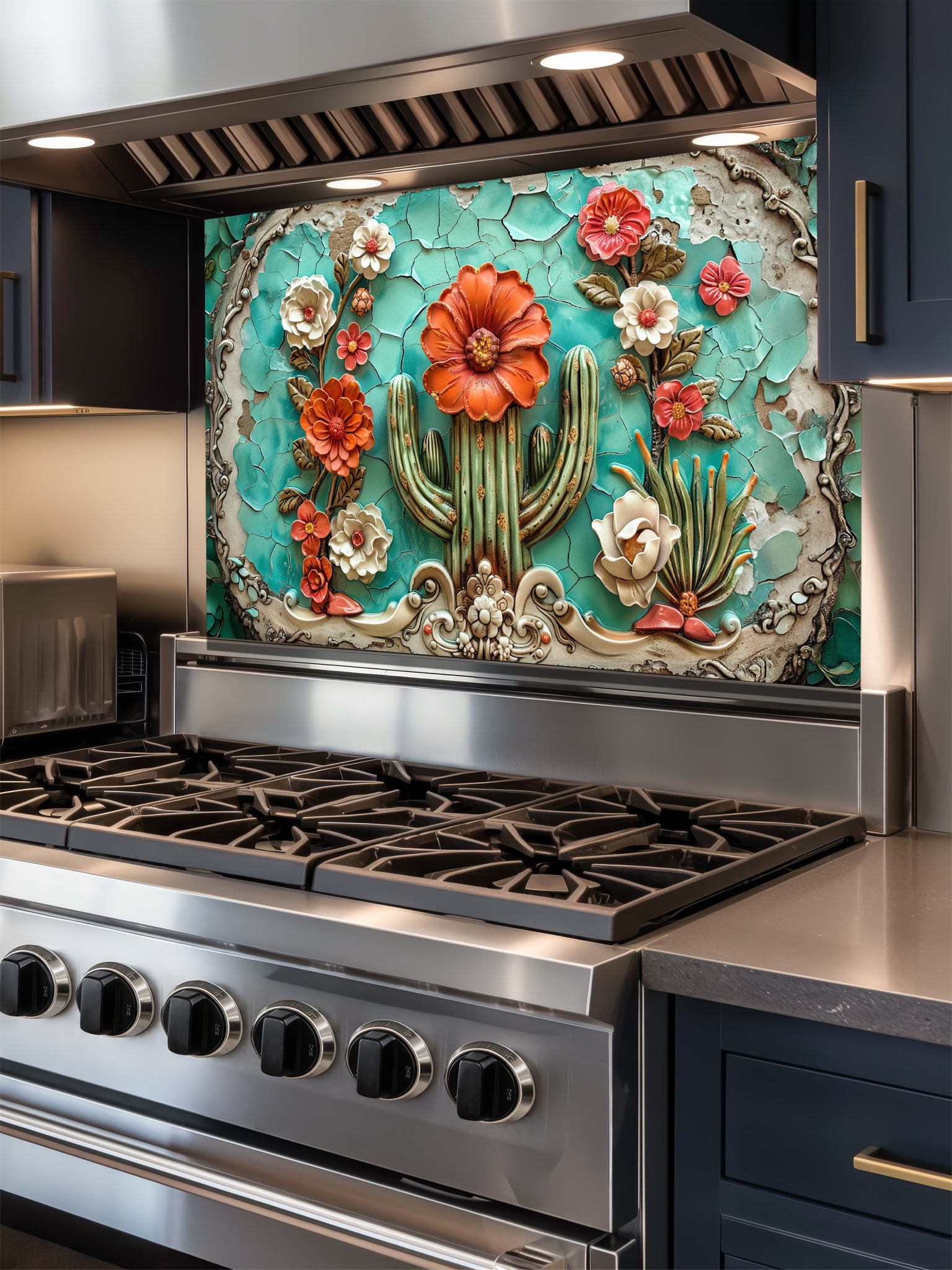 Faux 3D effect embossed blooming cactus with orange flowers on vintage cracked turquoise tiles, UV printed on a smooth tempered glass kitchen backsplash, installed behind a modern stove.