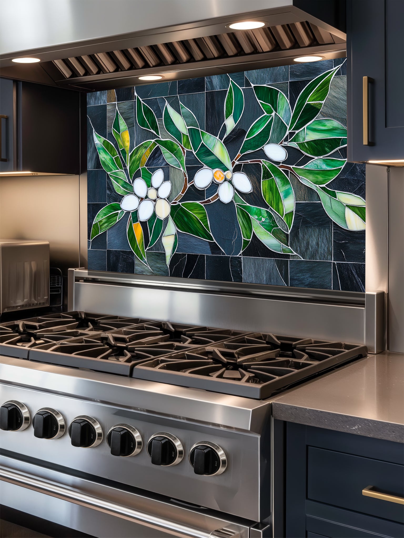 Tempered glass kitchen backsplash featuring a highly realistic 3D illusion of stained glass white blossoms and emerald green leaves integrated into a background of dark charcoal grey textured slate tiles, installed behind a modern black stove.