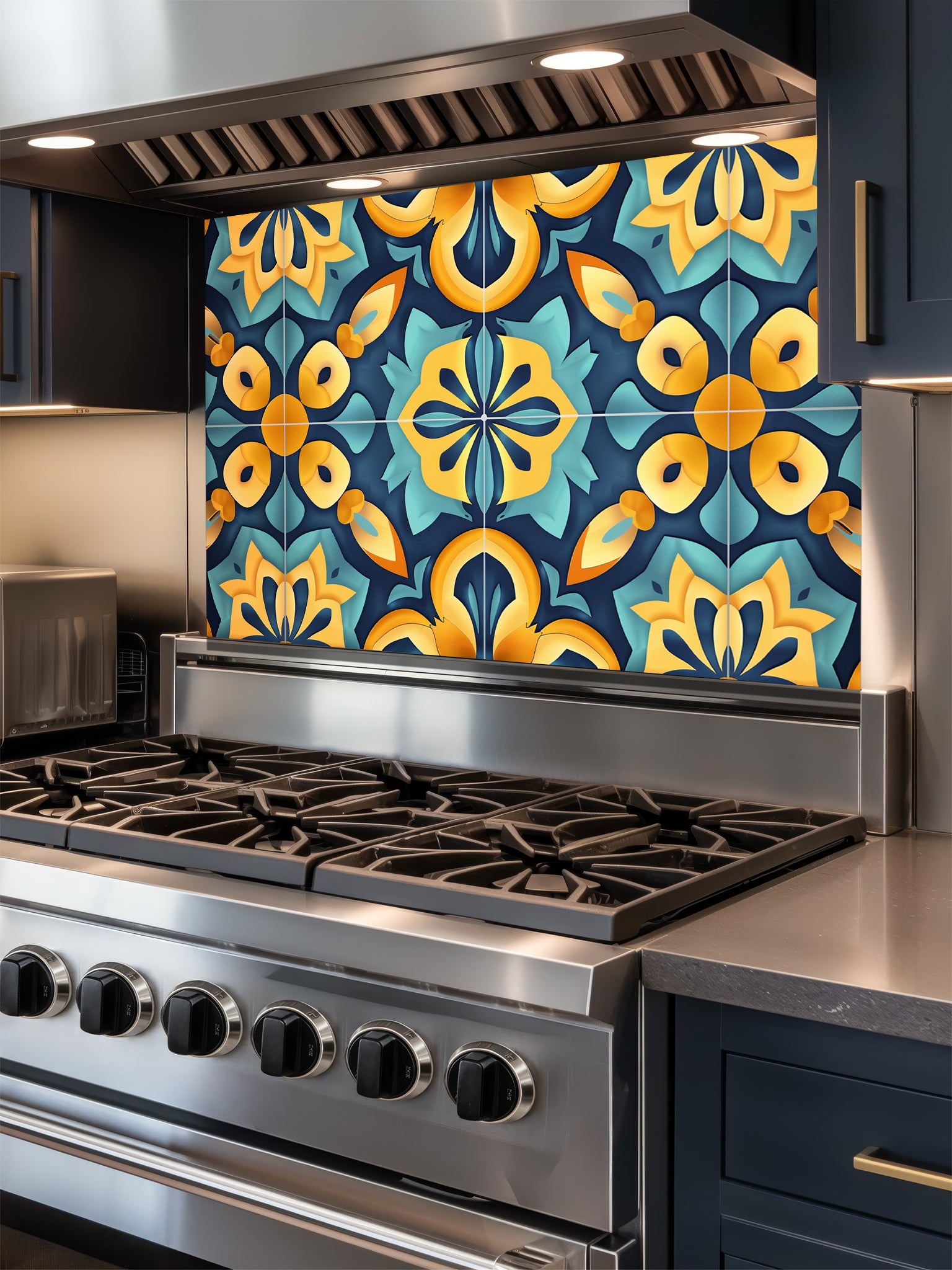 Tempered glass kitchen backsplash featuring a highly realistic illusion of traditional Moroccan encaustic tiles, showcasing a vibrant geometric floral pattern in teal, golden yellow, and deep navy, installed behind a modern black stove.
