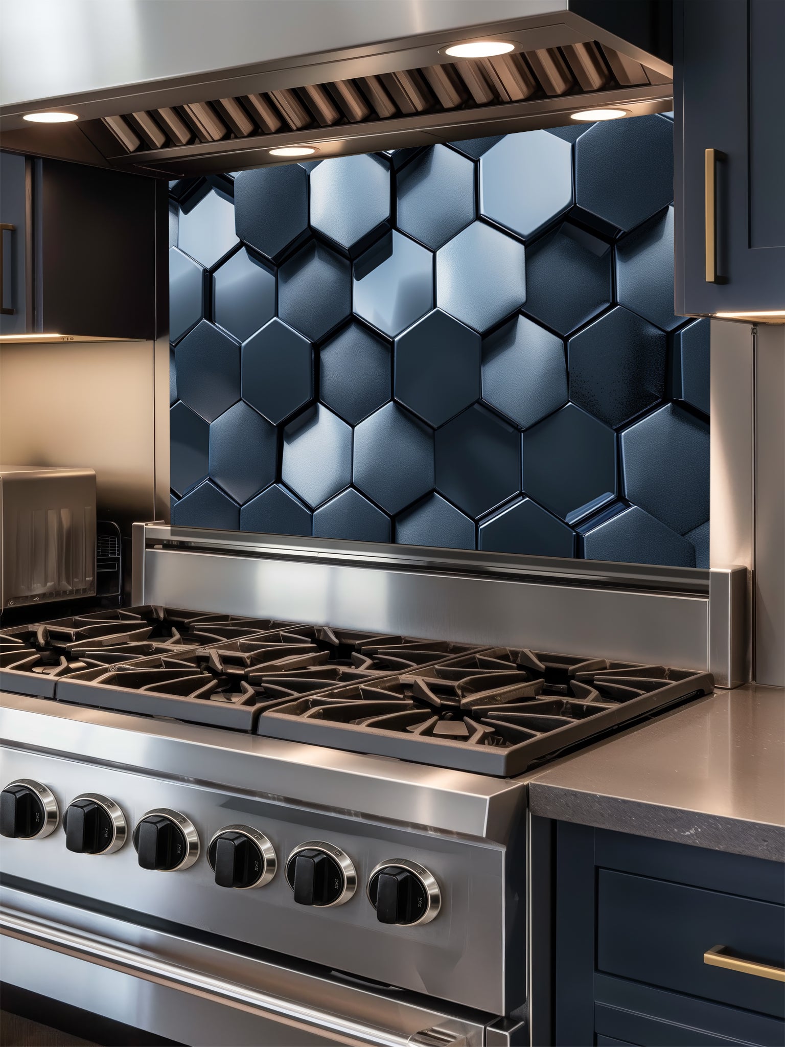 Faux 3D effect dark gunmetal metallic hexagon honeycomb tiles, UV printed on a smooth tempered glass kitchen backsplash, installed behind a modern stove.