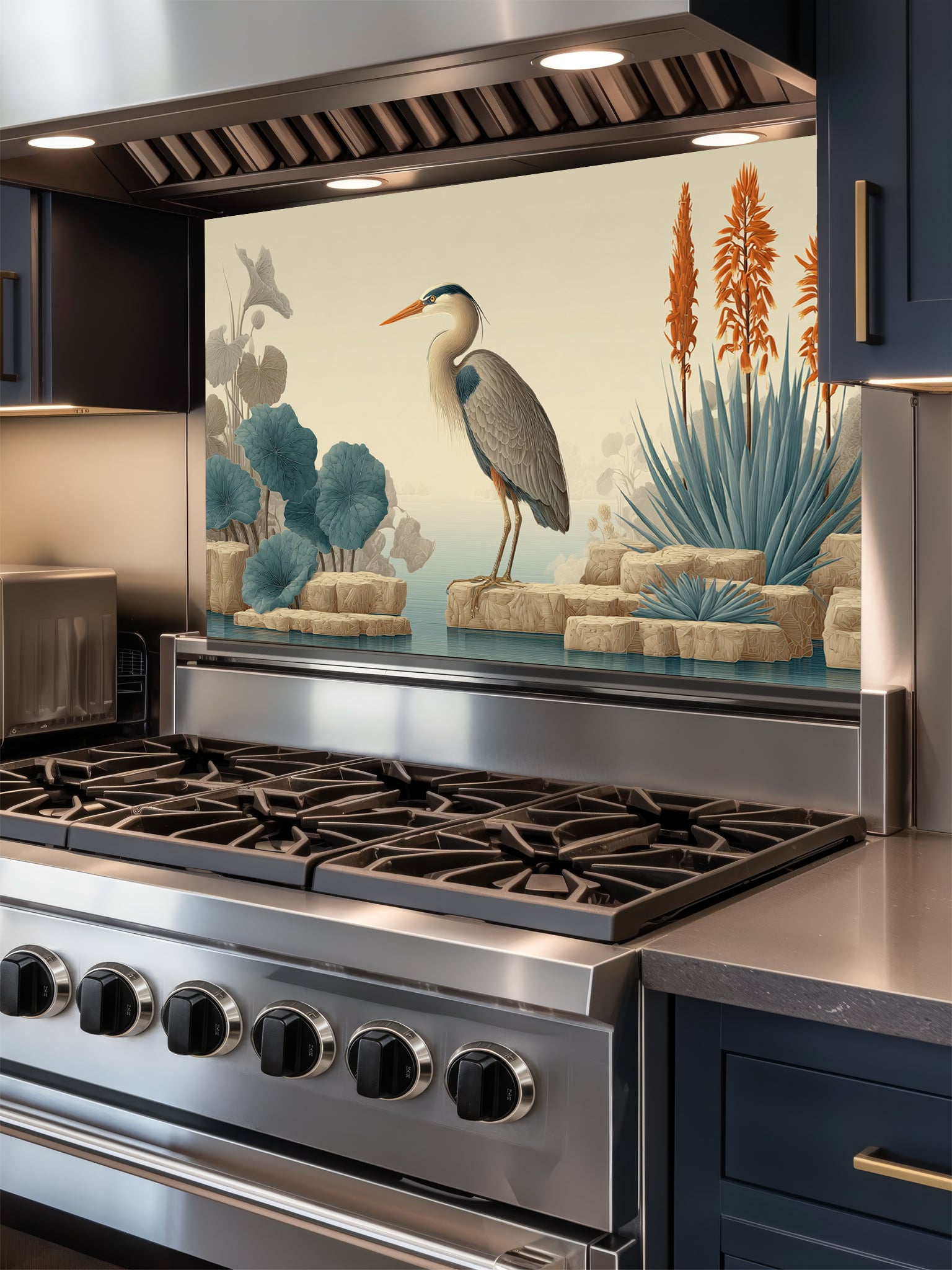 Tempered glass kitchen backsplash featuring a highly realistic illusion of a vintage naturalist illustration showing a serene blue heron standing on beige rocks among muted teal lotus leaves and tall orange exotic flowers against a soft cream background, installed behind a modern black stove.