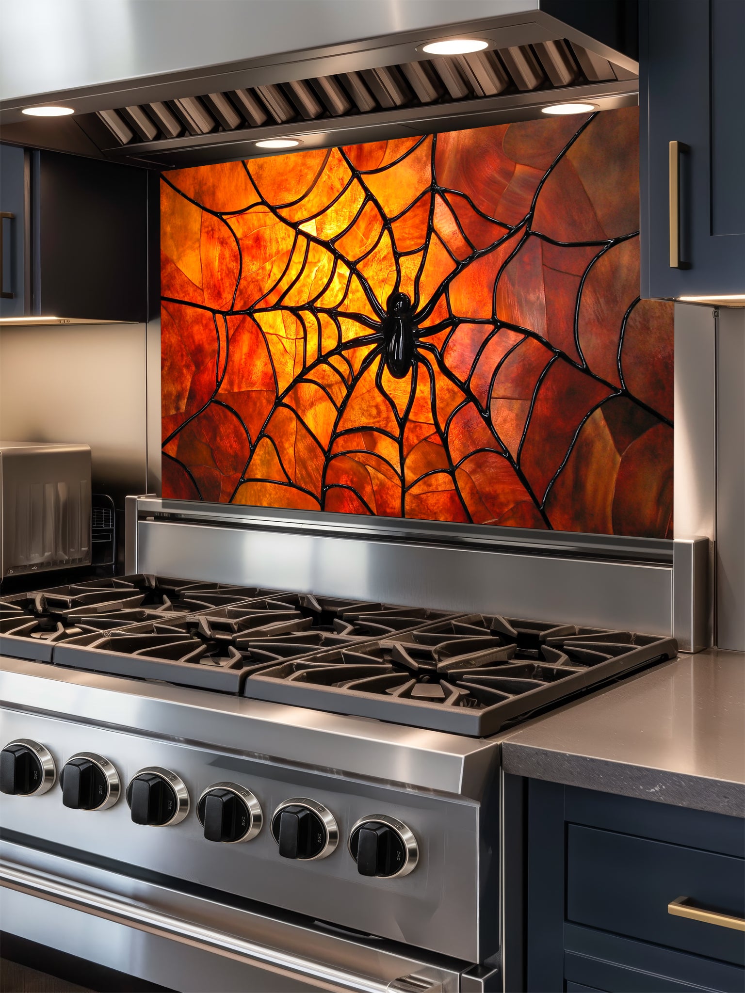 Tempered glass kitchen backsplash featuring a highly realistic 3D illusion of stained glass art showing a black spider in the center of a glowing amber and orange spider web, installed behind a modern black stove.