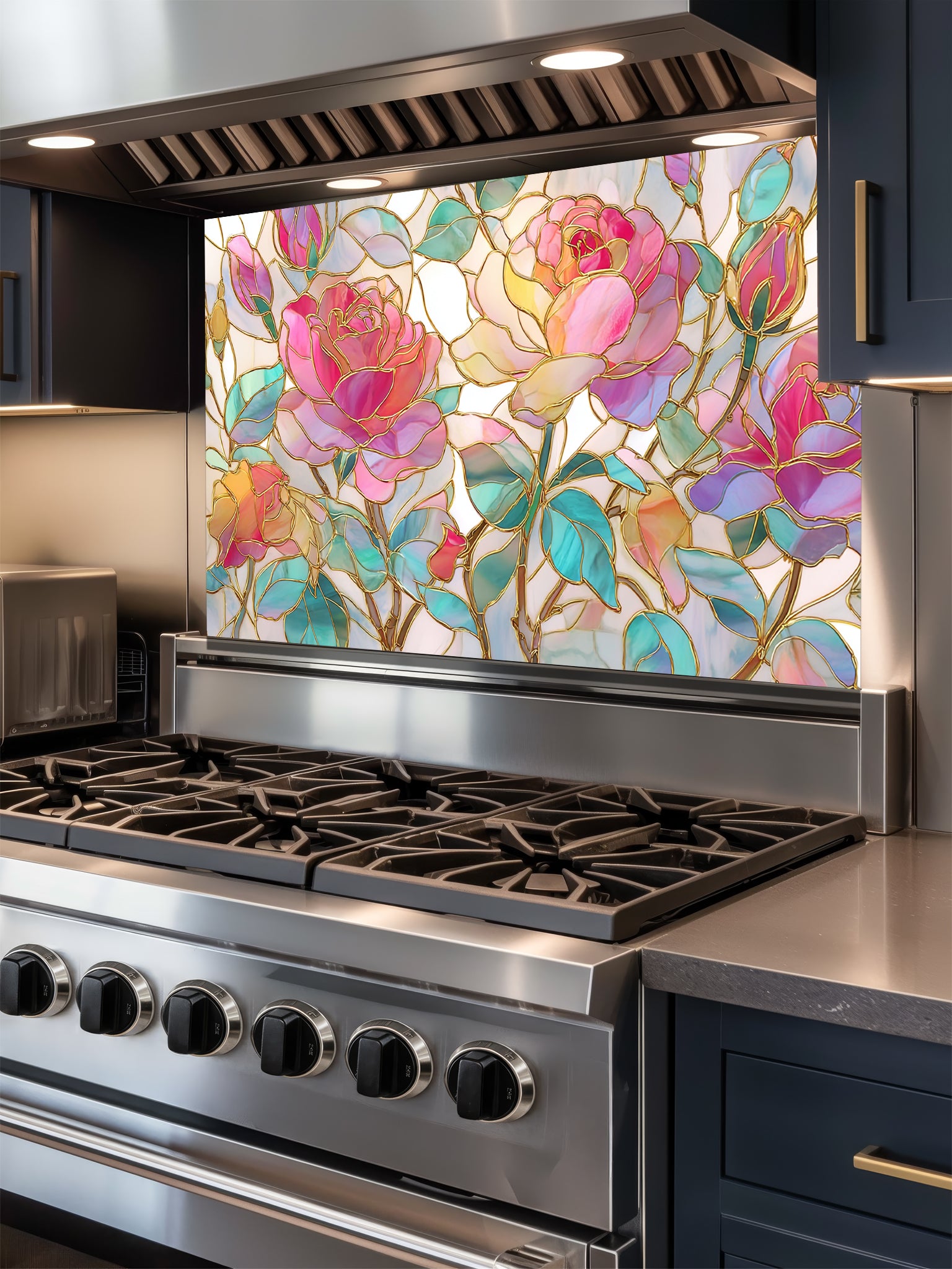 Tempered glass kitchen backsplash featuring a highly realistic 3D illusion of stained glass art showing large, elegant blooming pink and magenta roses with teal and green leaves, beautifully outlined in faux gold, installed behind a modern black stove.