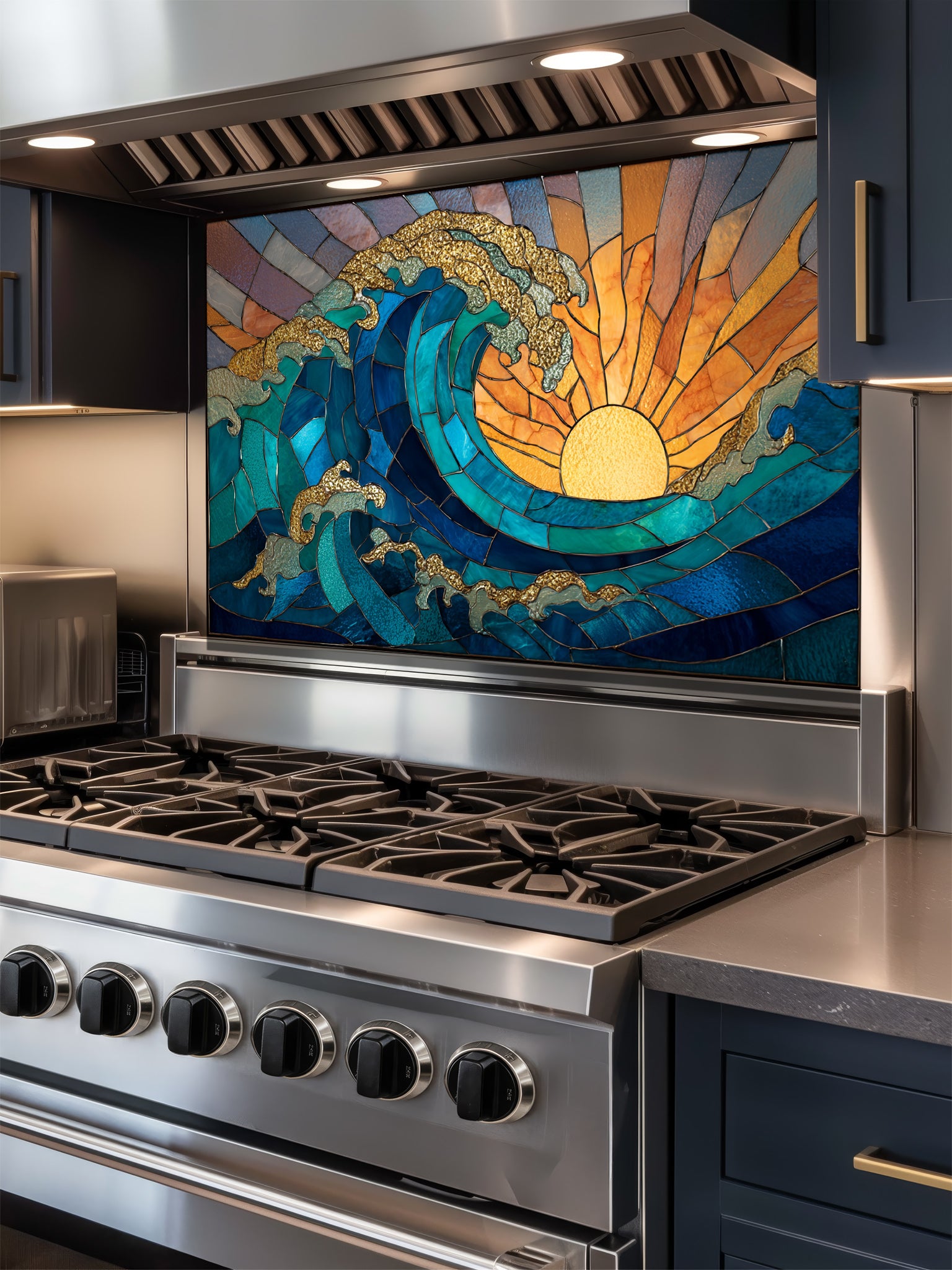 Stained glass style crashing ocean wave and vibrant golden sunrise, UV printed on a smooth tempered glass kitchen backsplash, installed behind a modern stove.
