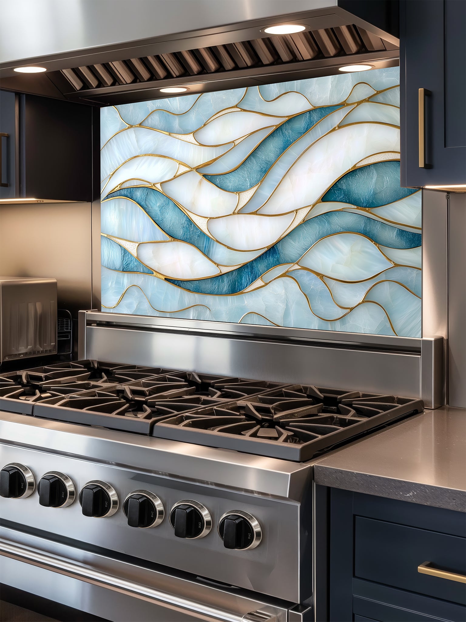 Tempered glass kitchen backsplash featuring a calming modern abstract wave design in faux stained glass with blue, teal, and pearlescent white sections separated by elegant gold lines, installed behind a modern stainless steel stove.