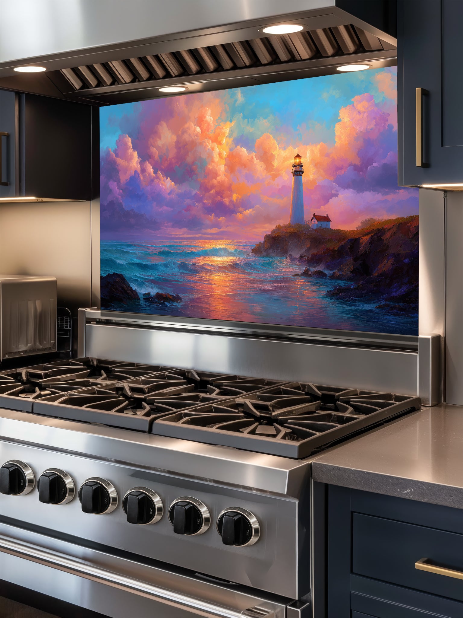 Painting style landscape of a classic lighthouse on a rocky cliff overlooking ocean waves under a colorful sunset sky, UV printed on a smooth tempered glass kitchen backsplash.