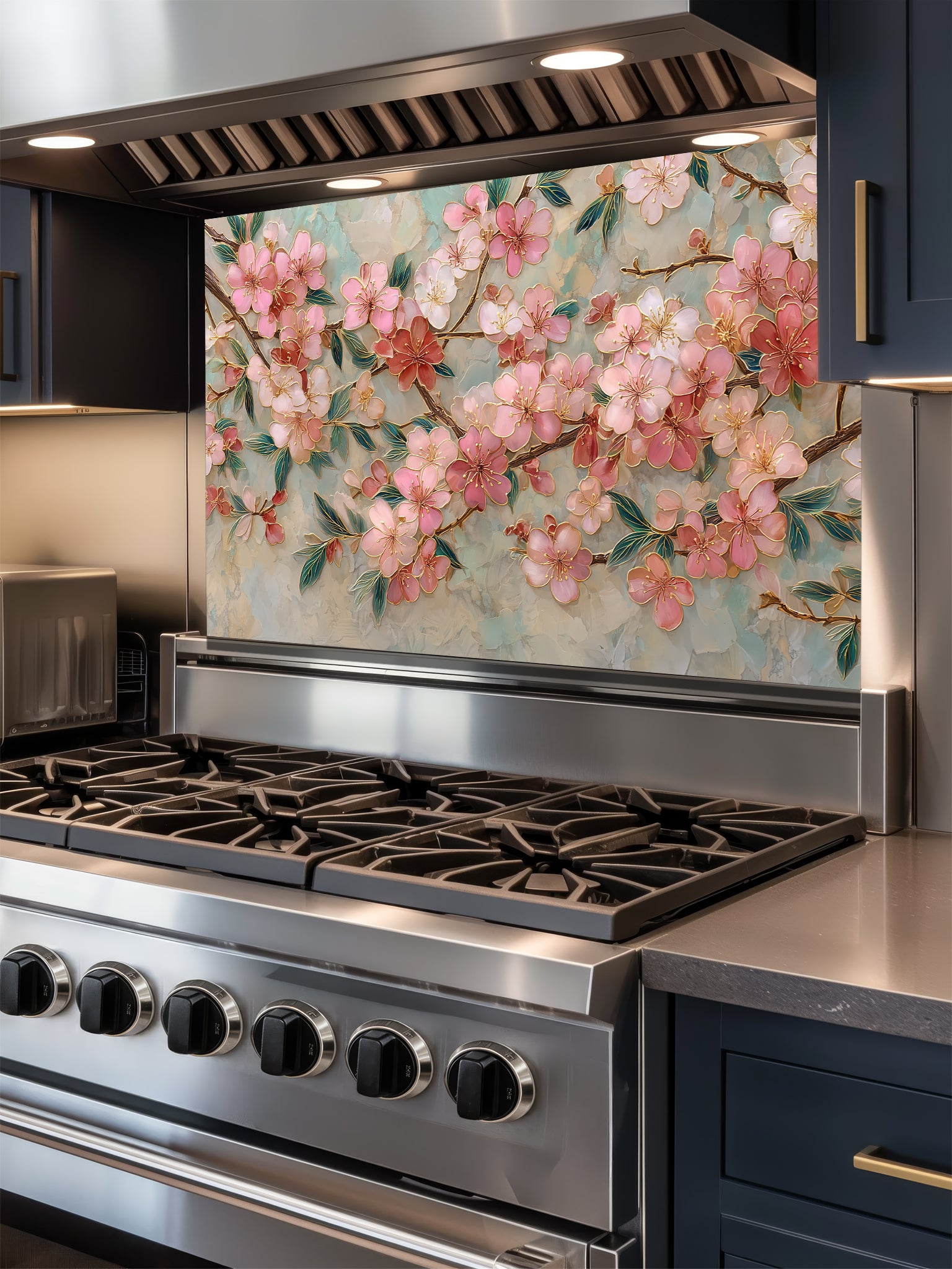 Faux 3D effect glossy pink cherry blossom branches with golden metallic outlines on a soft teal marble background, UV printed on a smooth tempered glass kitchen backsplash.