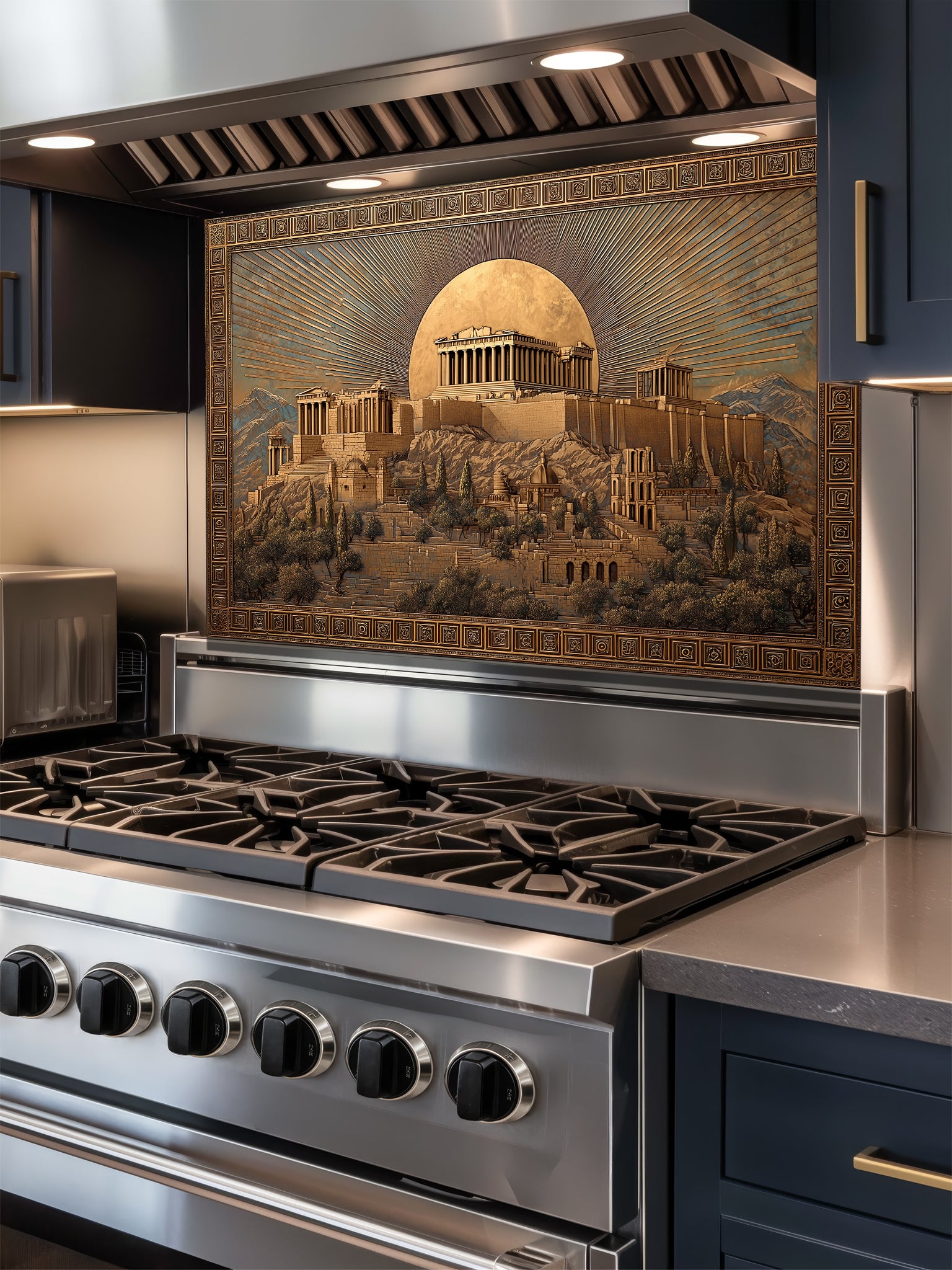 Faux 3D sculpted gold and bronze relief of the Ancient Greek Acropolis and Parthenon under a glowing moon, framed by a Greek key border, UV printed on a smooth tempered glass kitchen backsplash.