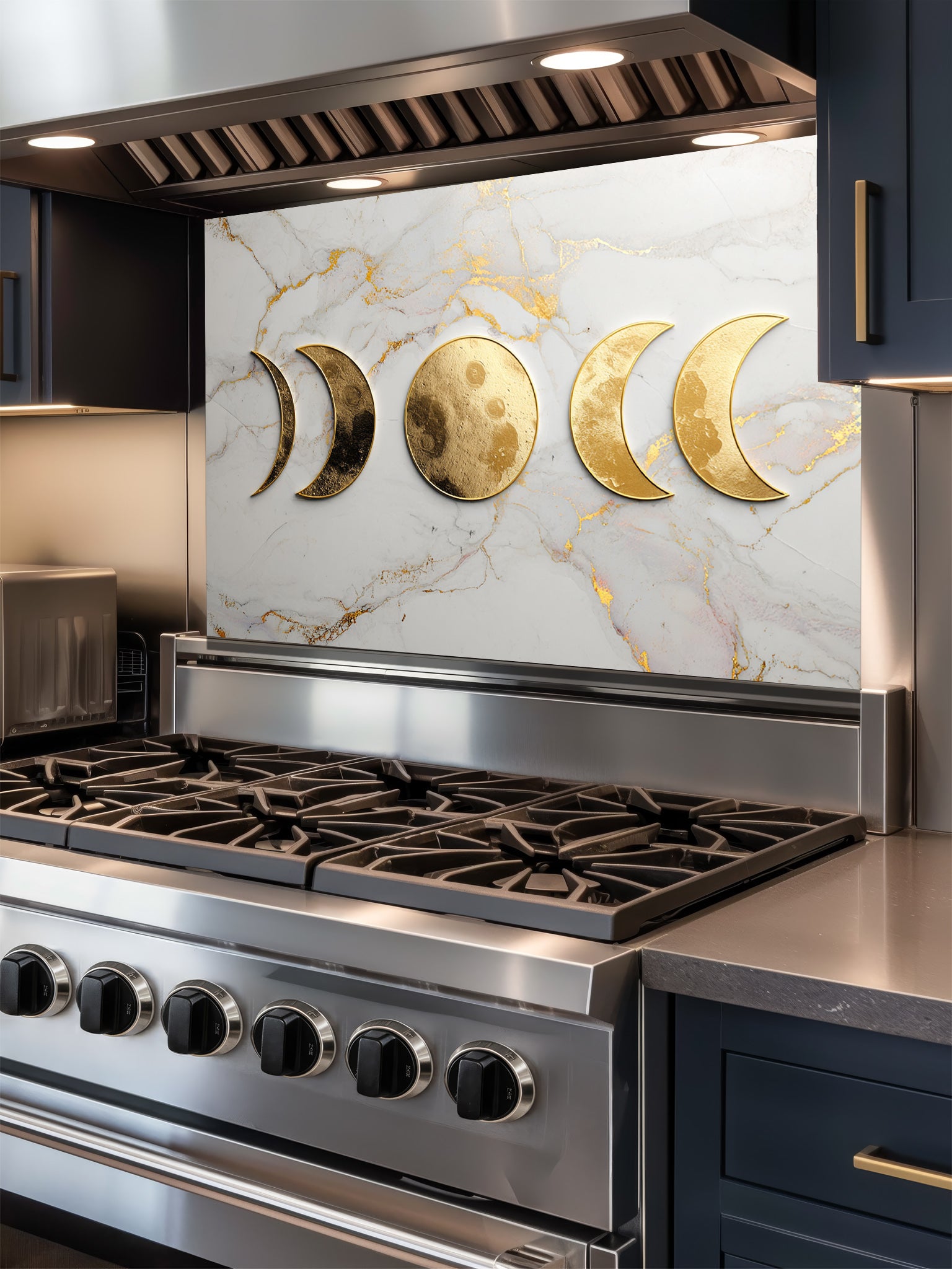 Faux 3D effect textured metallic gold moon phases on an elegant white and gold veined marble background, UV printed on a smooth tempered glass kitchen backsplash, installed behind a modern stove.