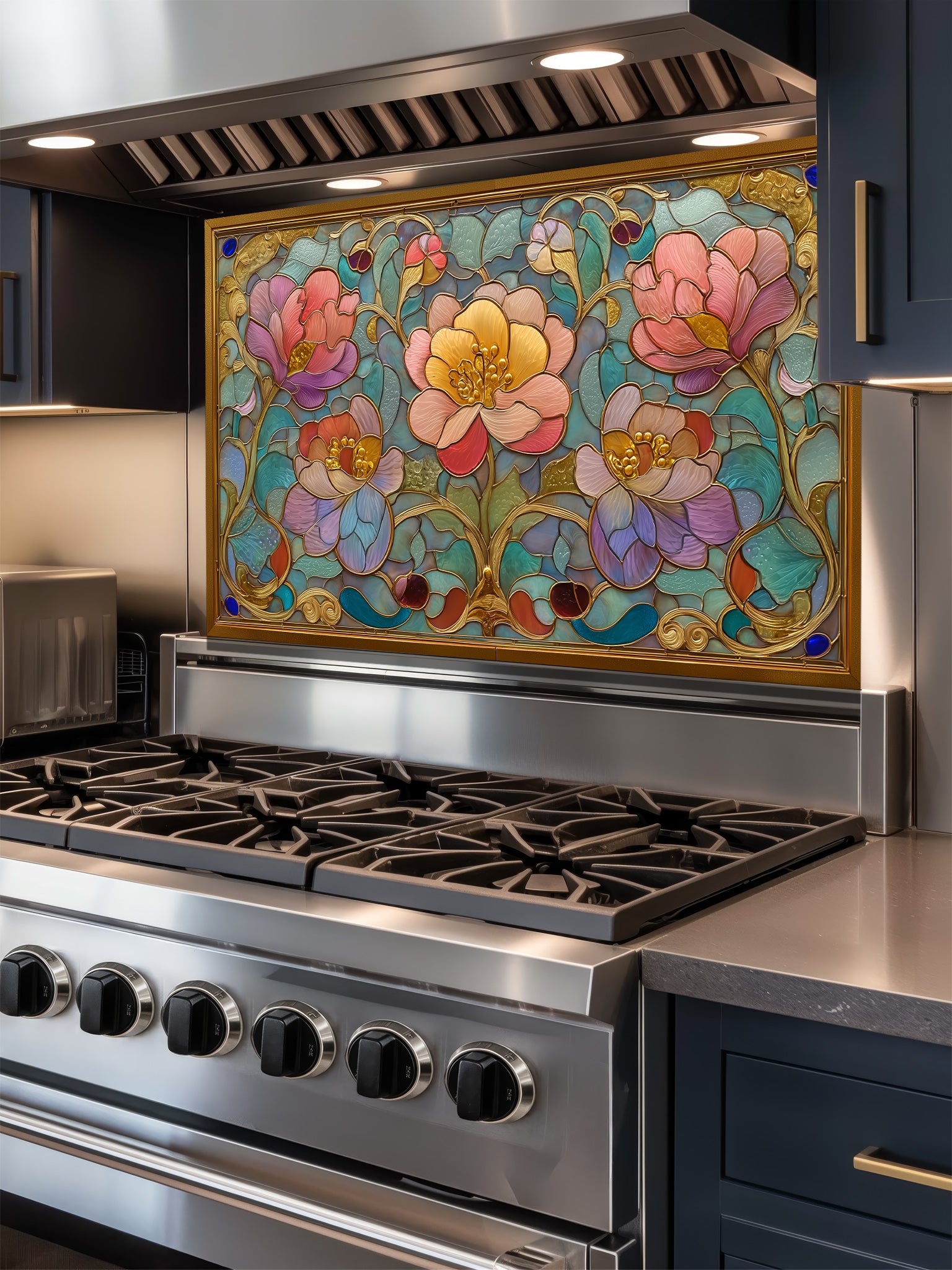 Stained glass style Art Nouveau floral pattern with pink and gold flowers inside an ornate faux-gold frame, UV printed on a smooth tempered glass kitchen backsplash, installed behind a modern stove.