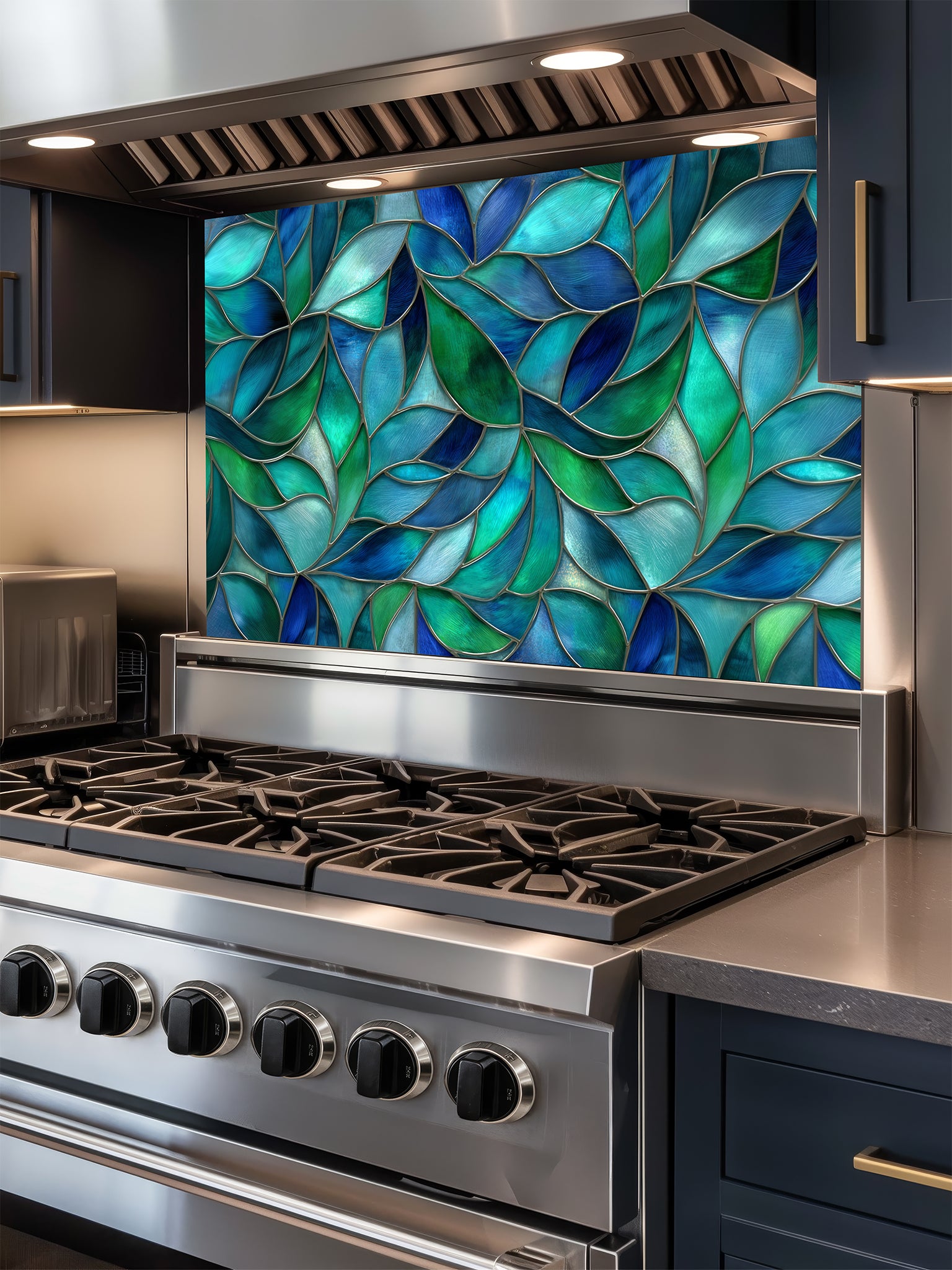 Tempered glass kitchen backsplash featuring a vibrant botanical stained glass effect with overlapping leaves in shades of teal, blue, and emerald green, installed behind a modern stainless steel stove.