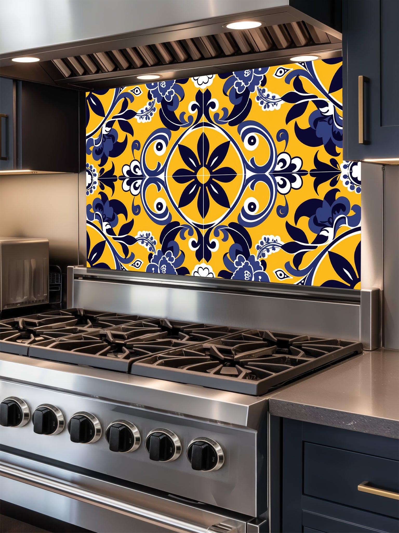 Vibrant traditional Talavera style faux tile pattern in bright yellow, deep navy blue, and white, UV printed on a smooth tempered glass kitchen backsplash.