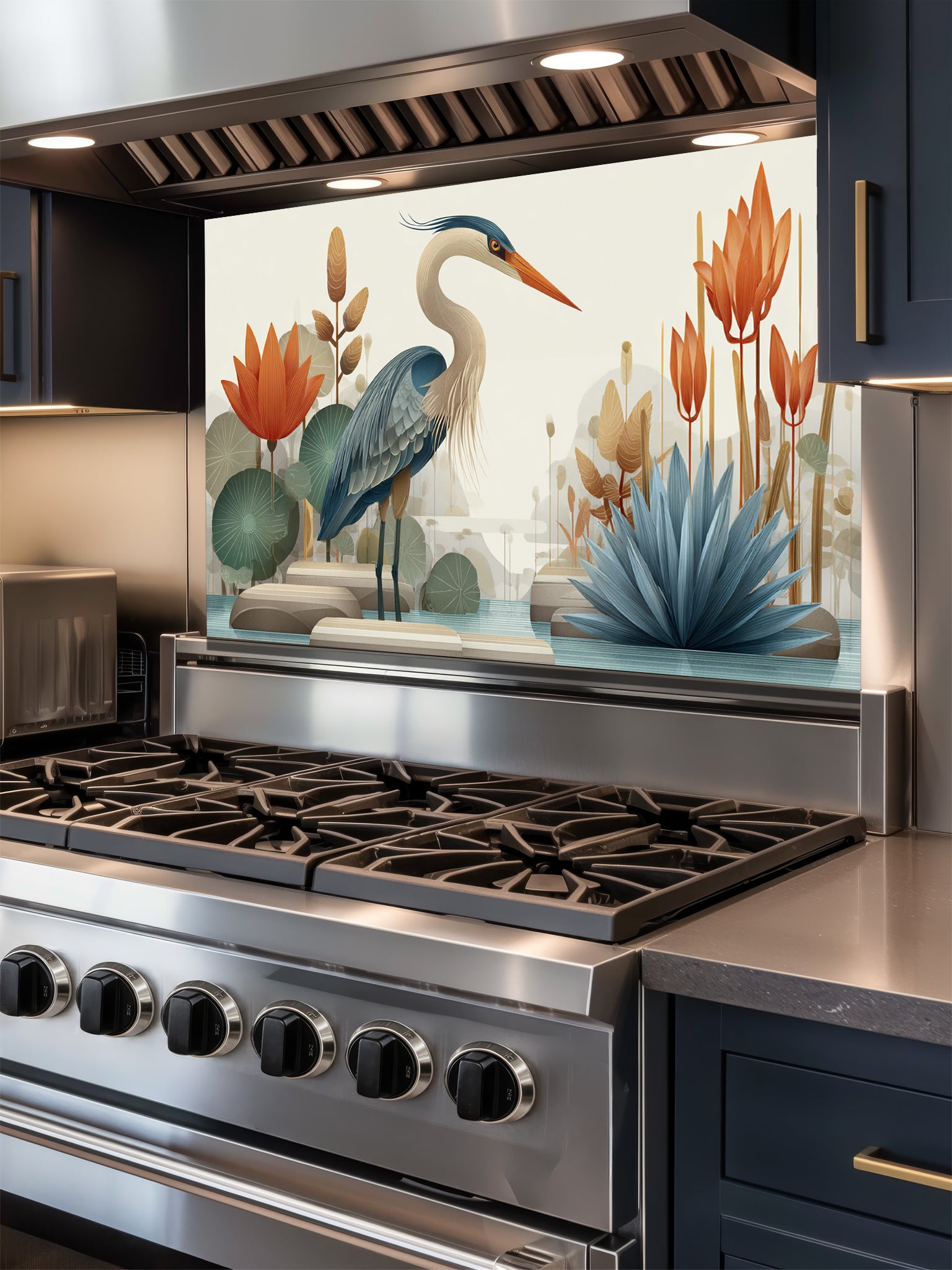 Tempered glass kitchen backsplash featuring a crisp, modern minimalist flat illustration of a grey heron standing among geometric teal lotus leaves, smooth river stones, and tall orange architectural flowers against a smooth cream background, installed behind a modern black stove.