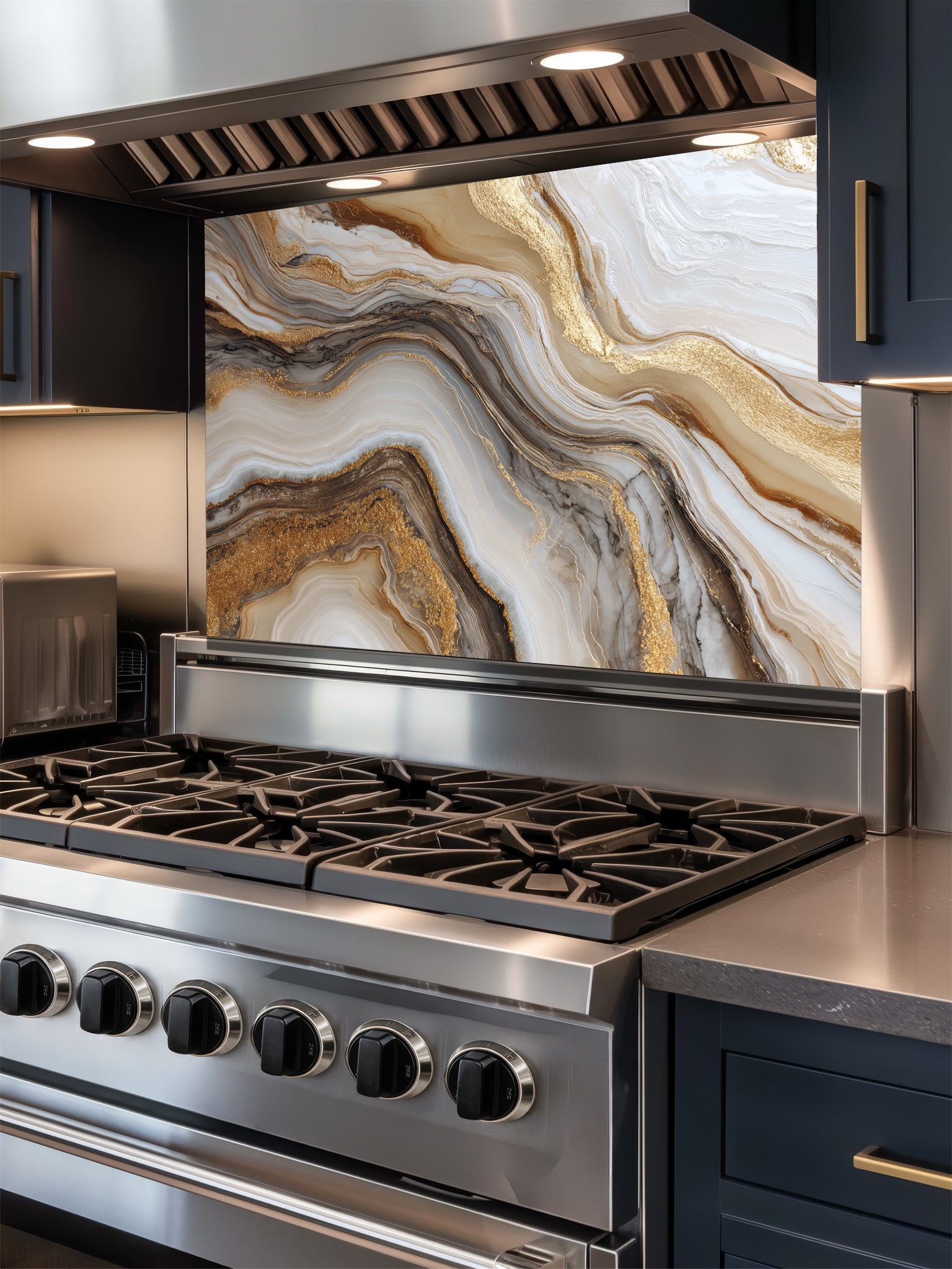 Abstract fluid art pattern mimicking white and brown agate marble with swirling gold leaf veins, UV printed on a smooth tempered glass kitchen backsplash, installed behind a modern stove.