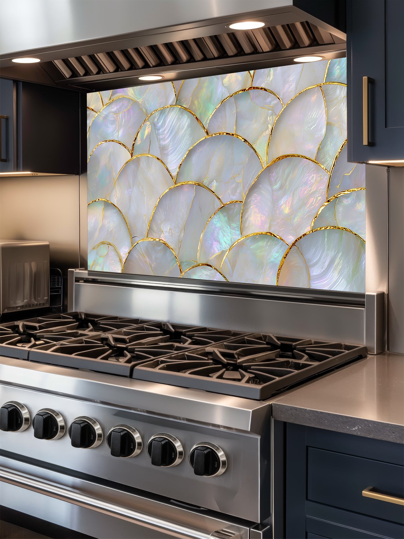 Stainless steel stove with decorative glass backsplash in a kitchen setting