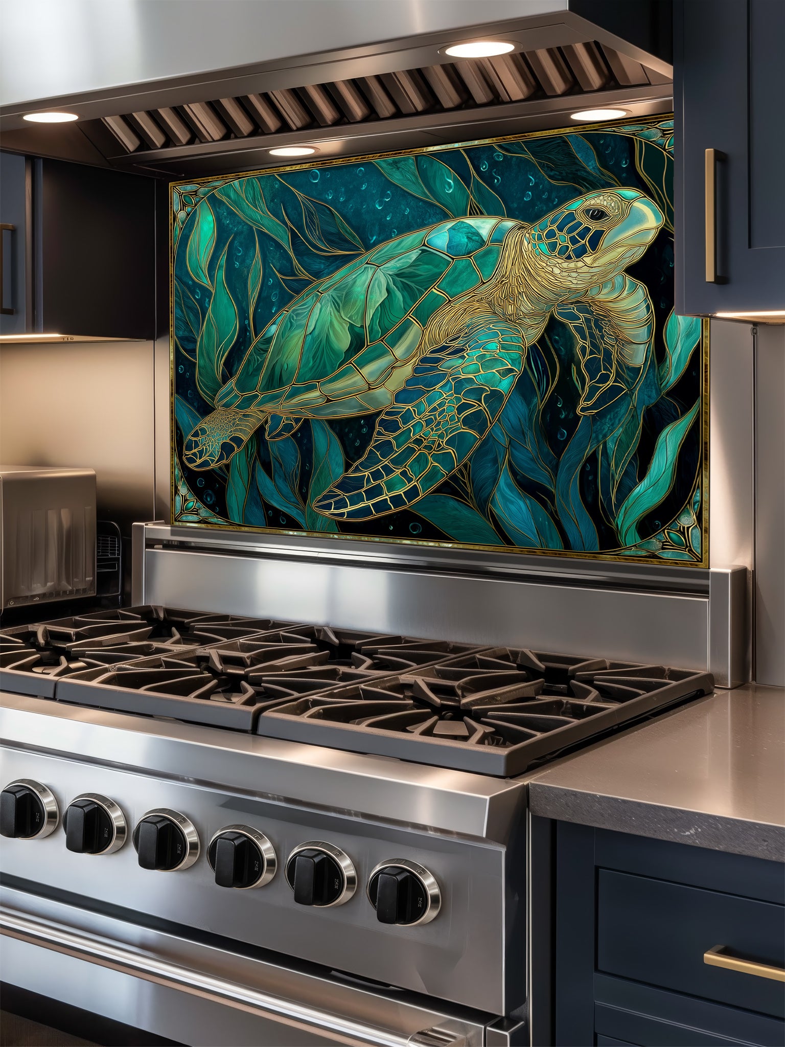 Tempered glass kitchen backsplash featuring a highly realistic 3D illusion of Art Nouveau stained glass showing a graceful sea turtle swimming among flowing teal and emerald underwater botanicals outlined in gold, installed behind a modern stainless steel stove.