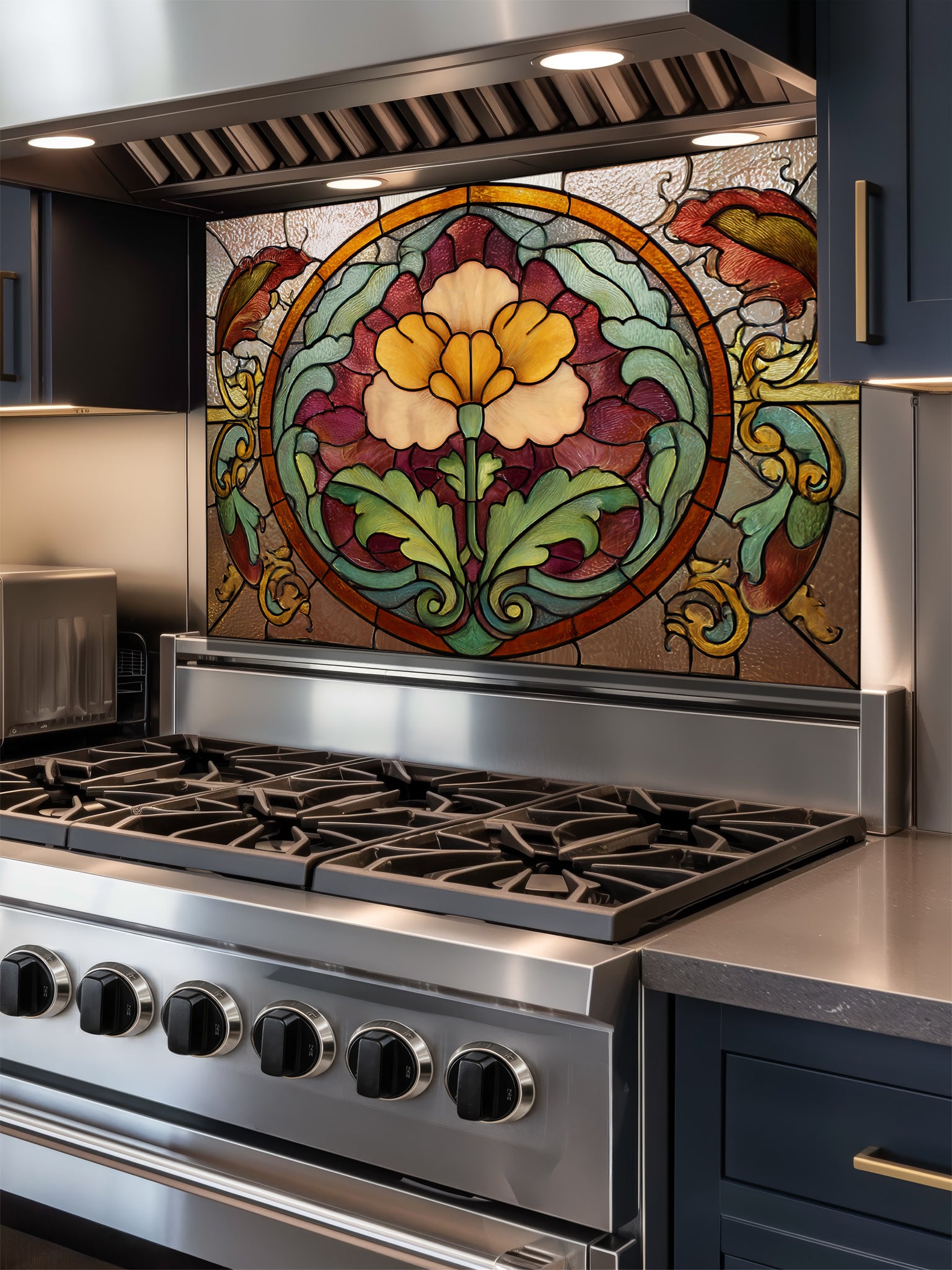 Stained glass style vintage floral medallion in warm amber, burgundy, and green tones, UV printed on a smooth tempered glass kitchen backsplash, installed behind a modern stove.