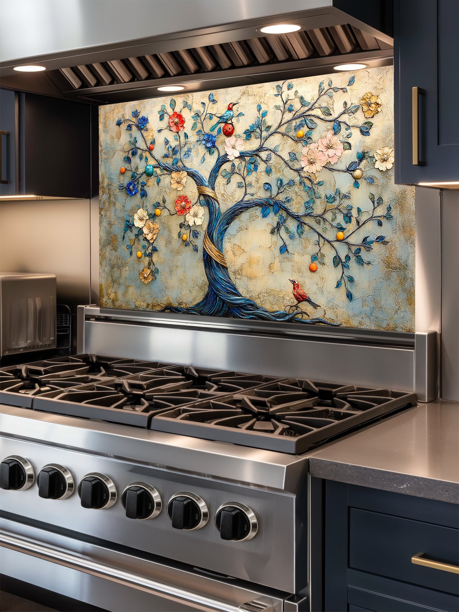 Tempered glass kitchen backsplash featuring a highly realistic 3D illusion of an embossed bas-relief sculpture showing an enchanted tree with a twisting blue trunk, colorful blooming flowers, and perched birds against a textured vintage golden-beige background, installed behind a modern black stove.