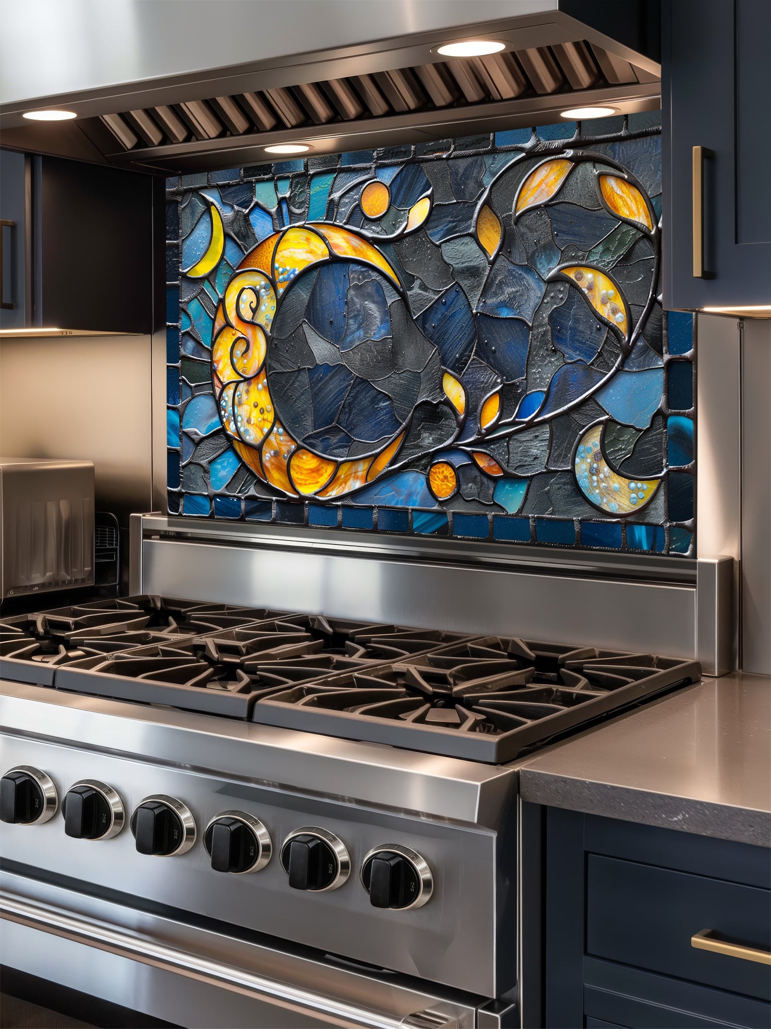 Tempered glass kitchen backsplash featuring a highly realistic 3D illusion of an abstract mosaic moon glowing in amber and gold against a swirling midnight blue and charcoal background, installed behind a modern black stove.