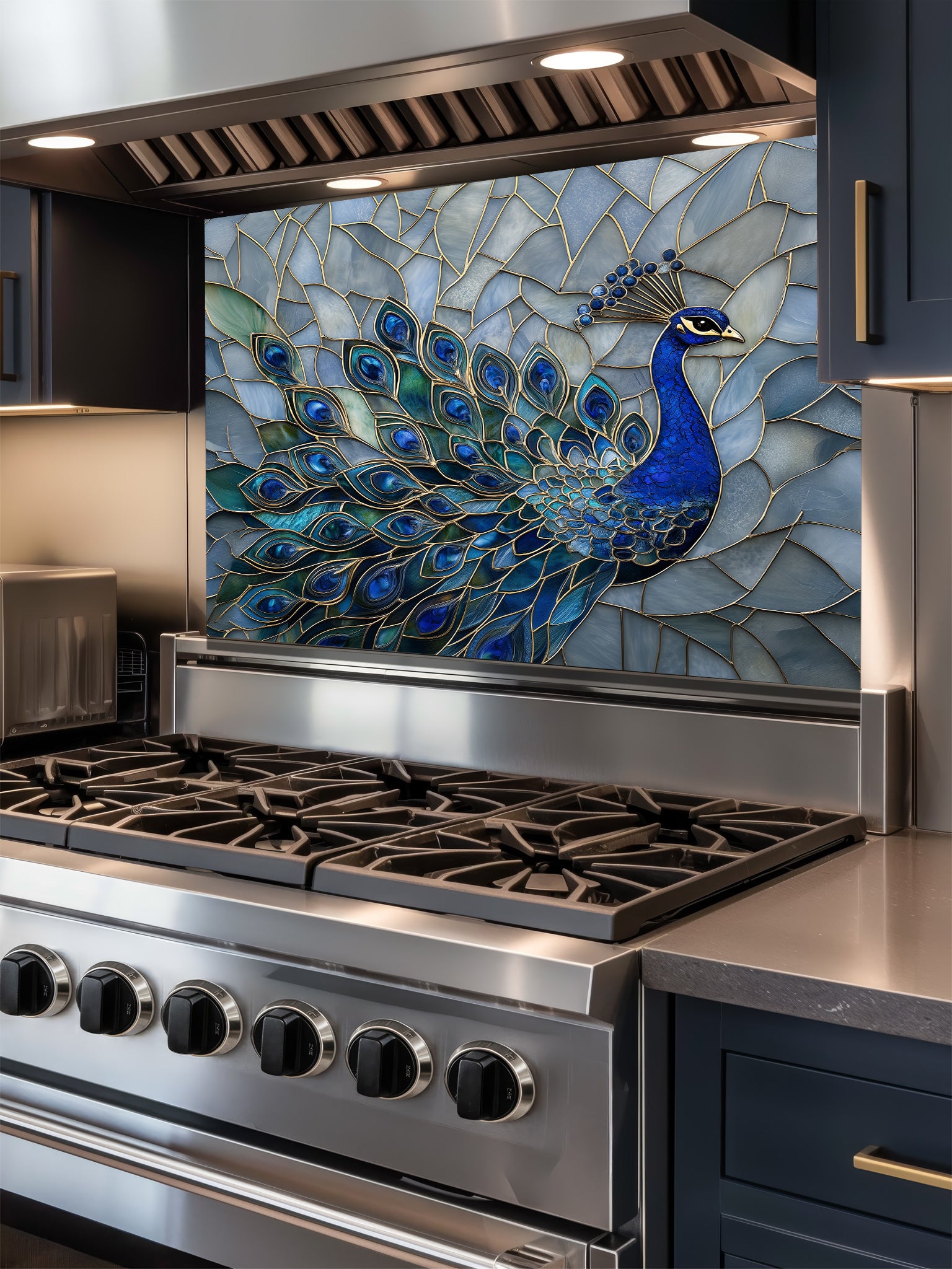 Tempered glass kitchen backsplash featuring a highly realistic 3D illusion of a stained glass mosaic showing a regal royal blue peacock with elegant gold outlines against an icy blue background, installed behind a modern stainless steel stove.