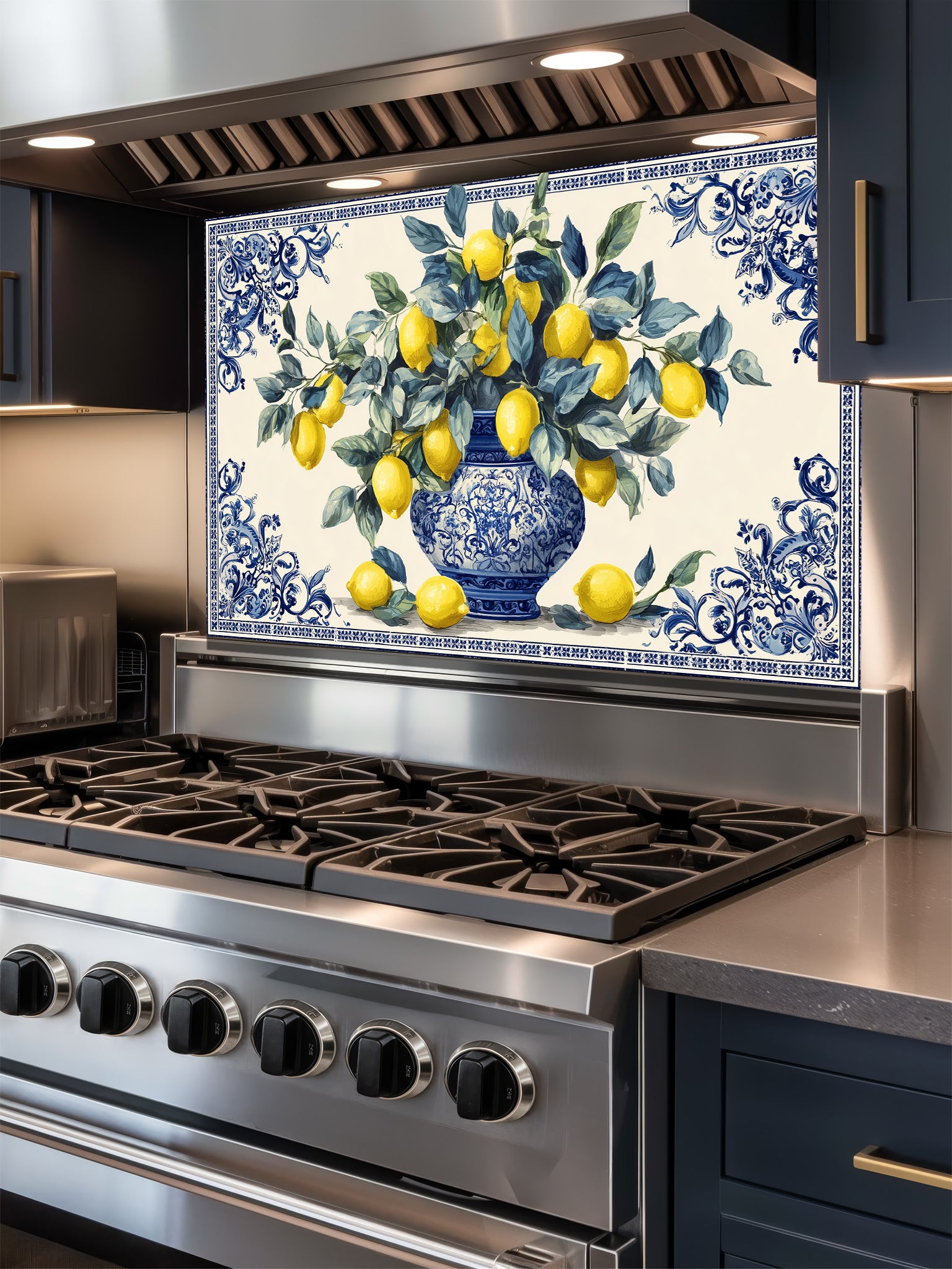 Stainless steel stove with decorative glass backsplash featuring a blue vase with lemons on a white background.