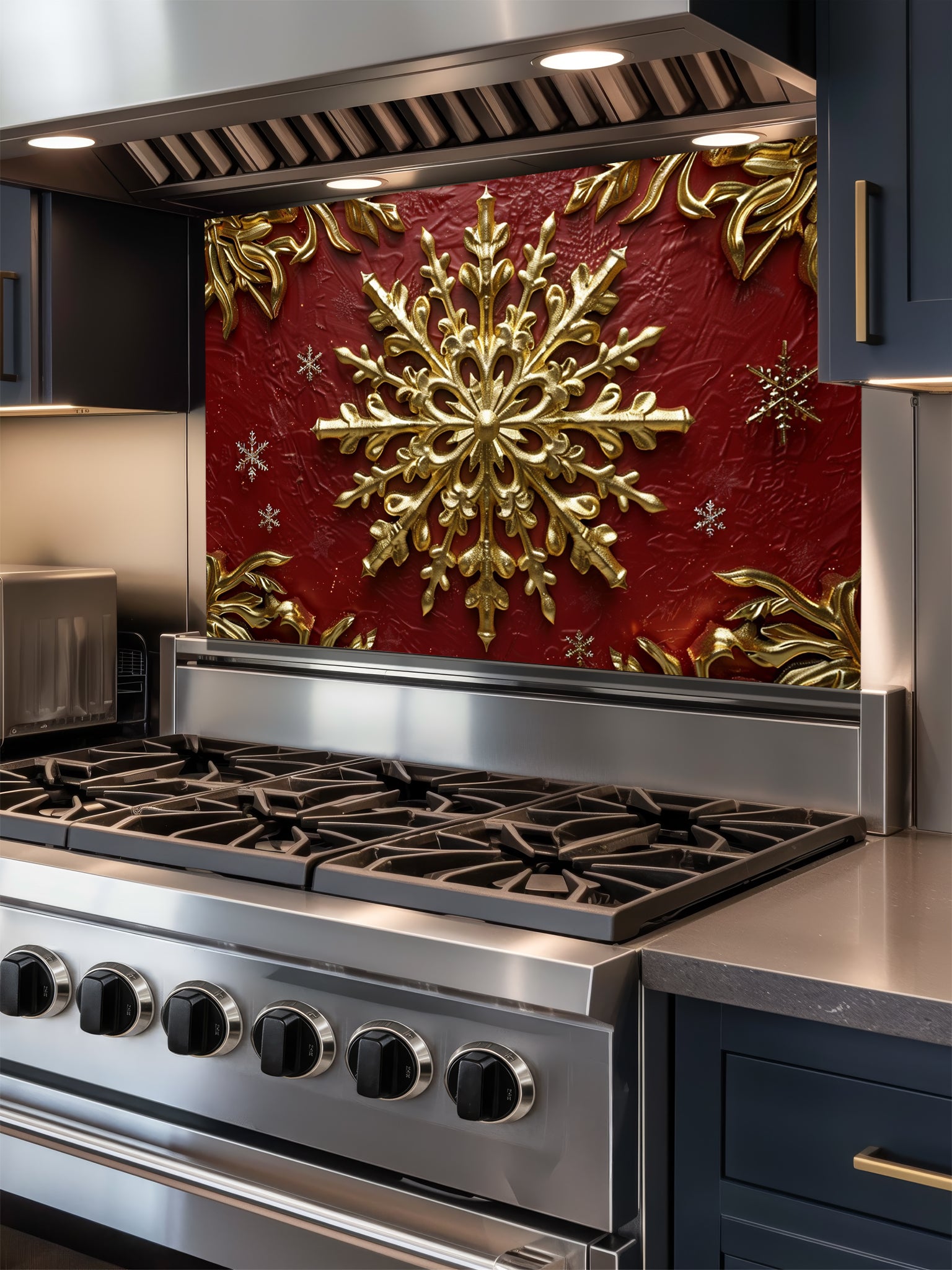 Tempered glass kitchen backsplash featuring a highly realistic 3D illusion of an ornate, embossed gold snowflake surrounded by smaller snowflakes and elegant golden corner flourishes against a rich, textured burgundy red background, installed behind a modern black stove.