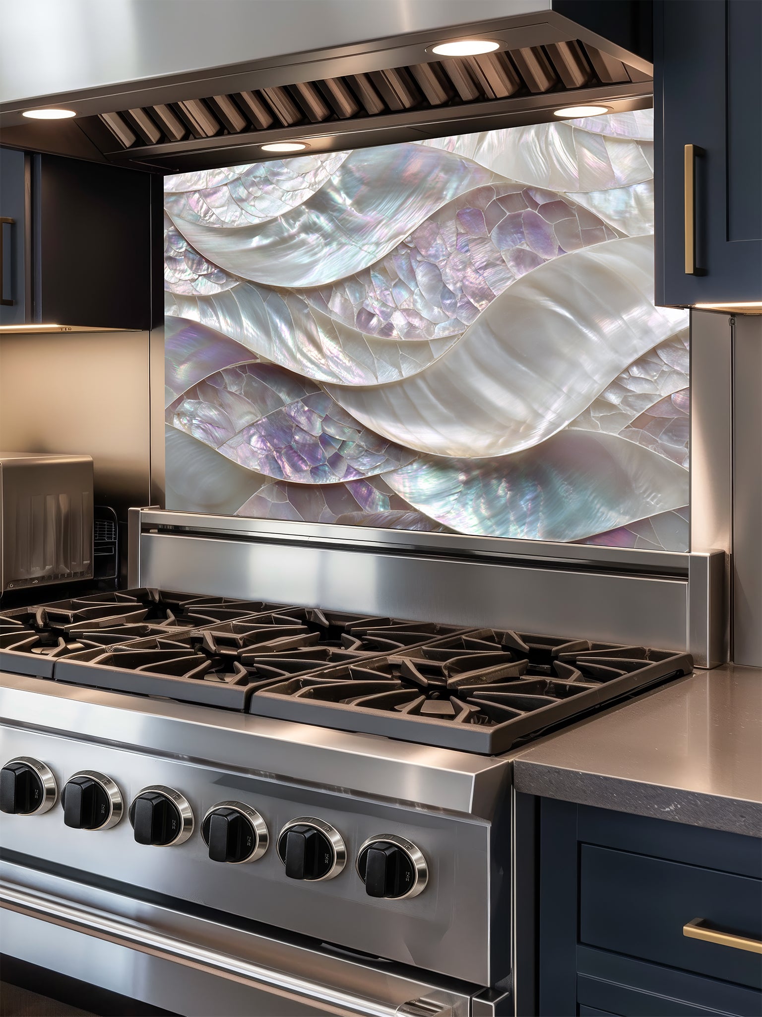 Tempered glass kitchen backsplash featuring a highly realistic 3D faux mosaic design of continuous flowing waves of mother of pearl shells with iridescent pastel colors, installed behind a modern stainless steel stove.