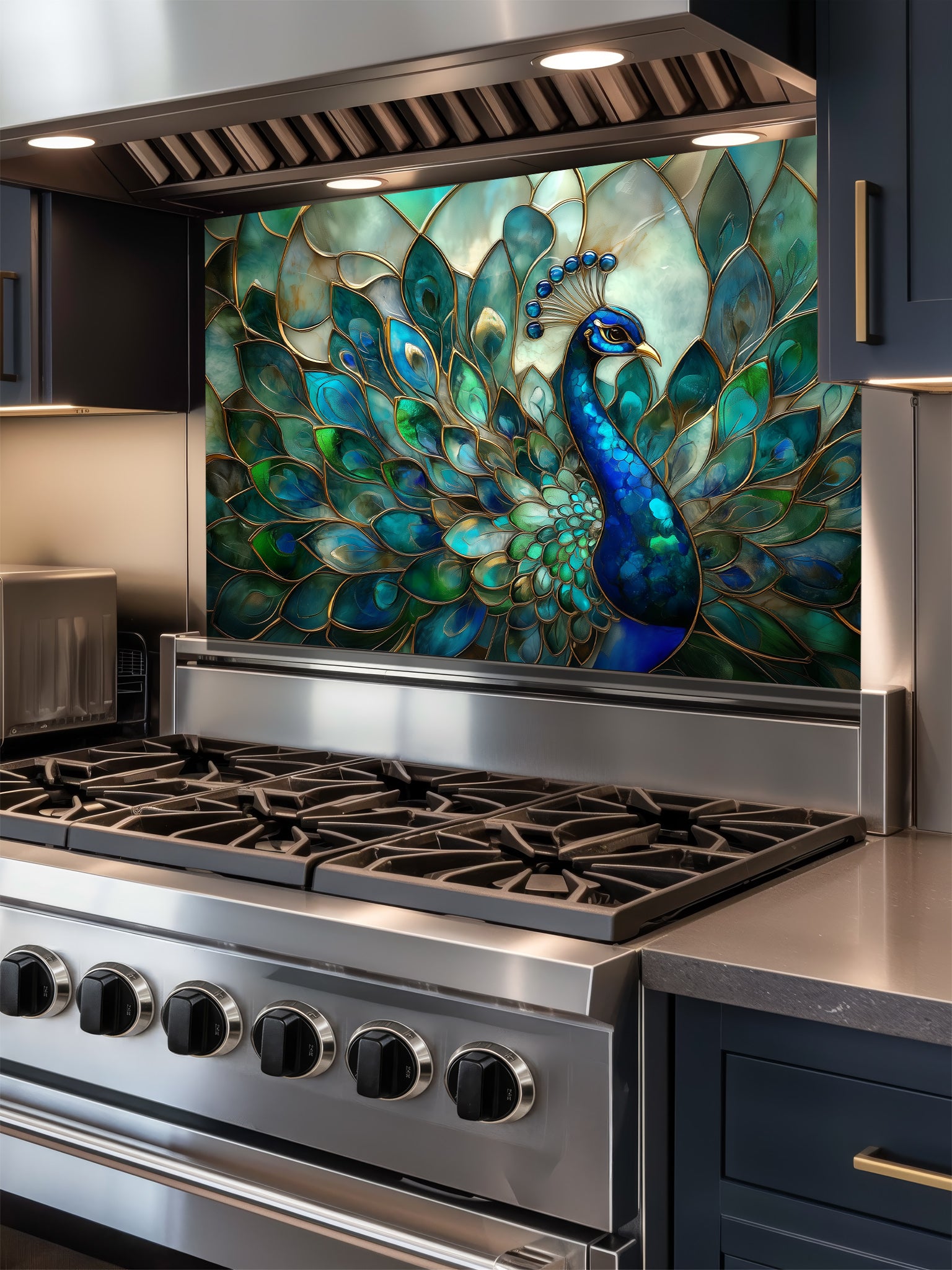 Tempered glass kitchen backsplash featuring a highly realistic 3D illusion of Art Nouveau stained glass showing a magnificent peacock with flowing teal, emerald, and sapphire feathers outlined in gold, installed behind a modern stainless steel stove.
